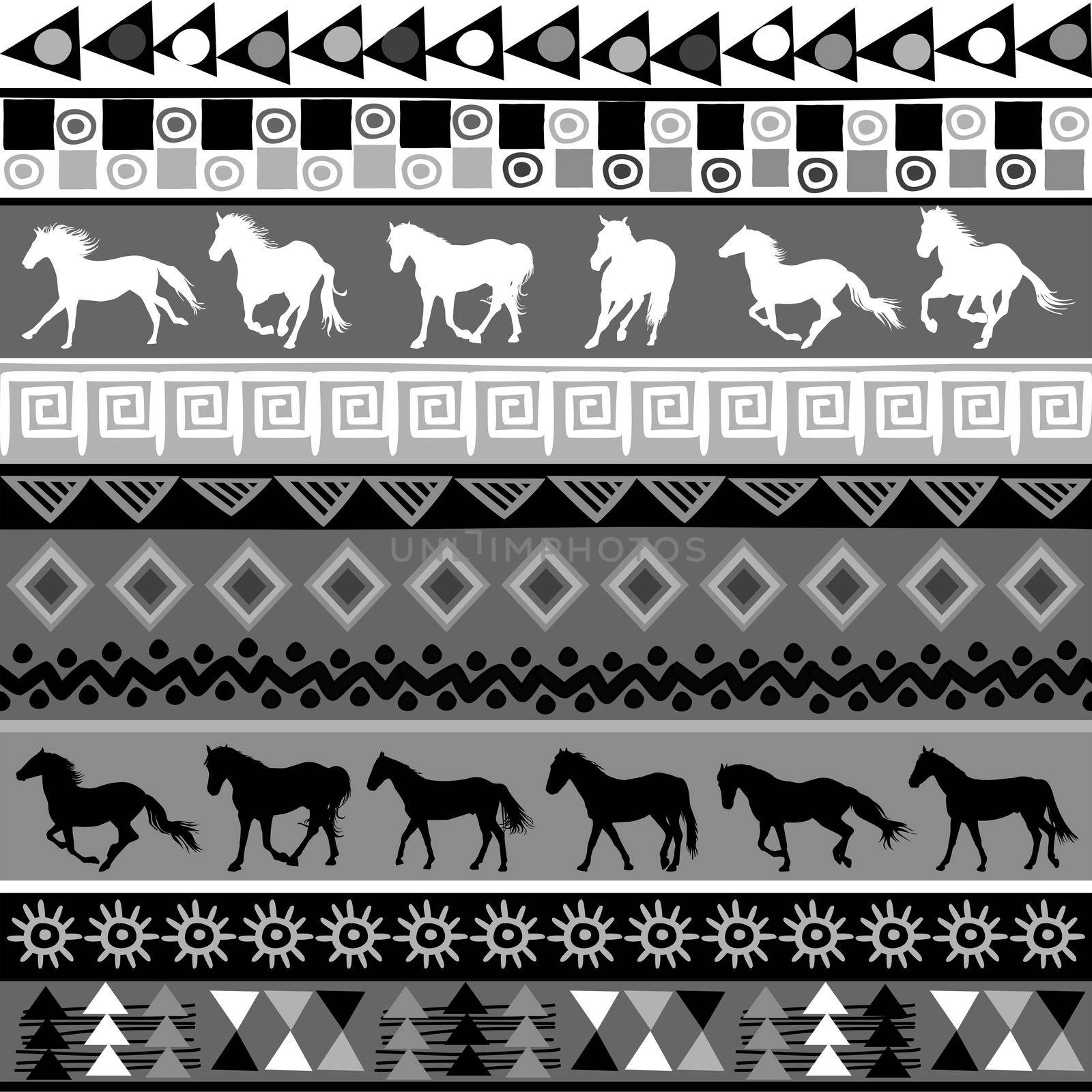 Black and white pattern with ethnic motifs and silhouettes of horses