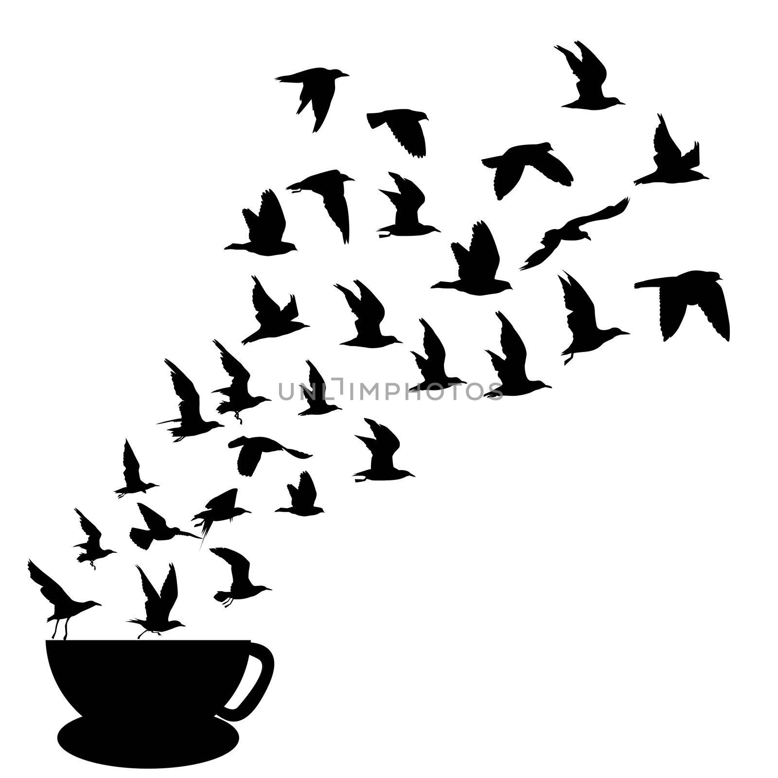 Silhouettes of birds flying from a cup of coffee
