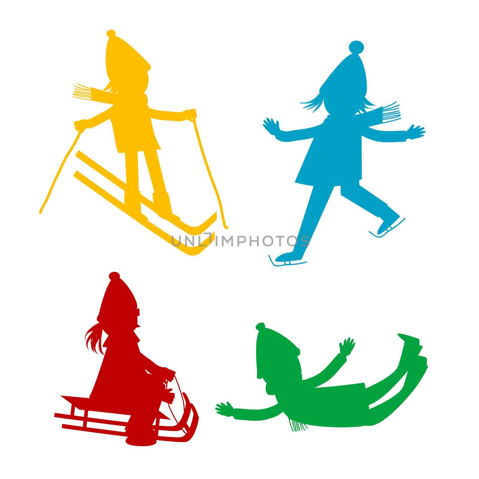 Cartoon kids silhouettes playing in the winter