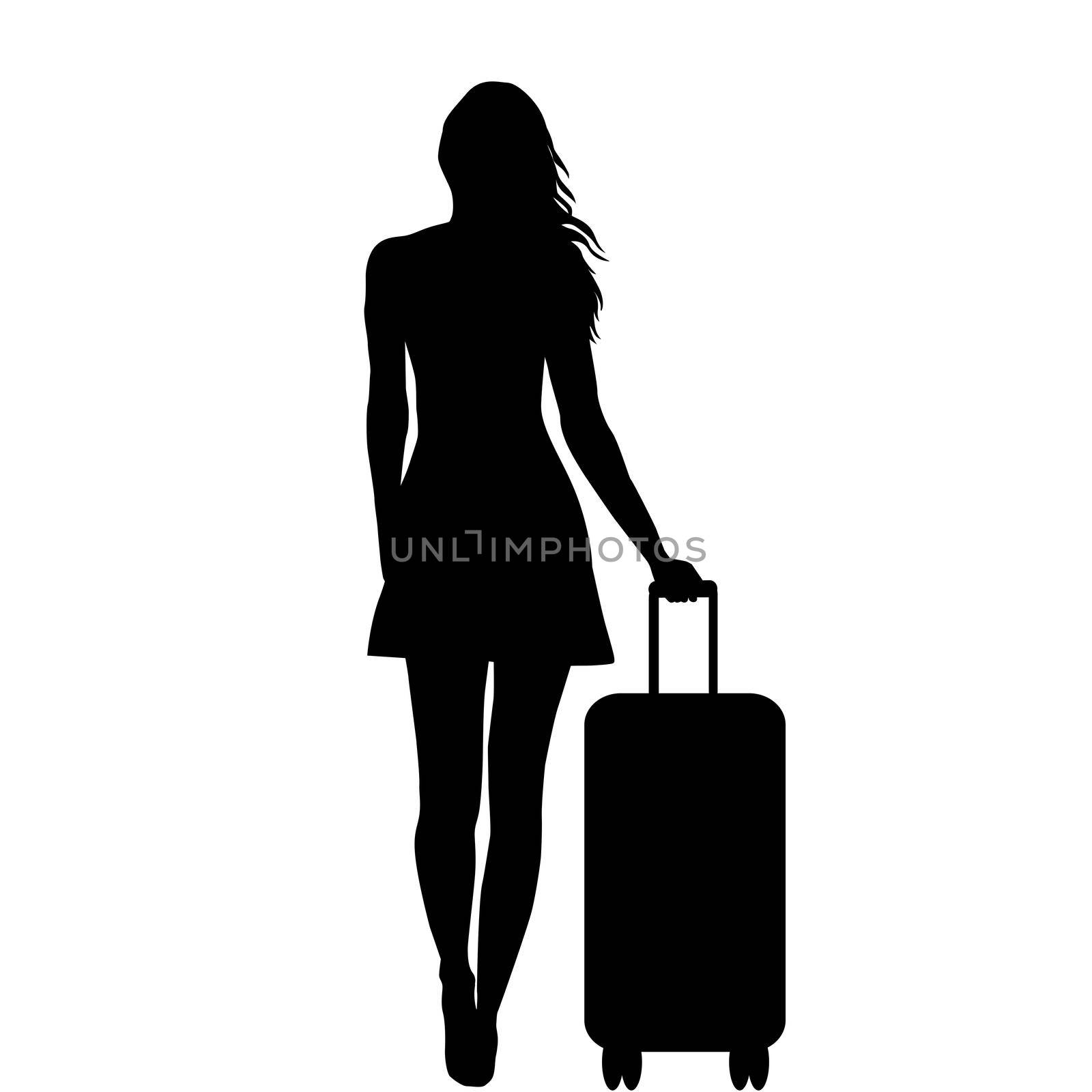 Full length of young female silhouette with travel bag, isolated on white background