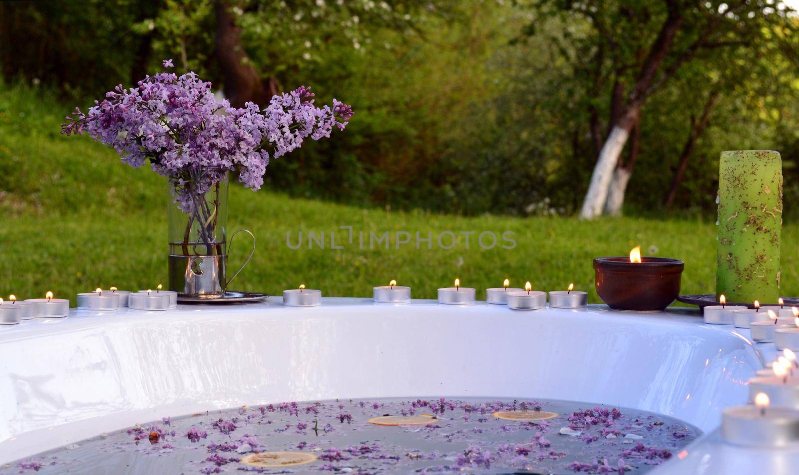 Abstract background with lilacs flowers and orange slices in a bathtub outdoor by hibrida13