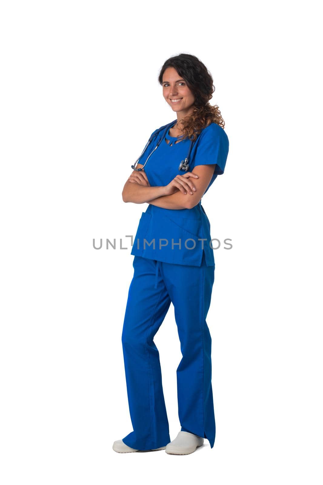 Nurse doctor woman smile with stethoscope stand with arms folded, wear blue surgery medical suit. Isolated on white background