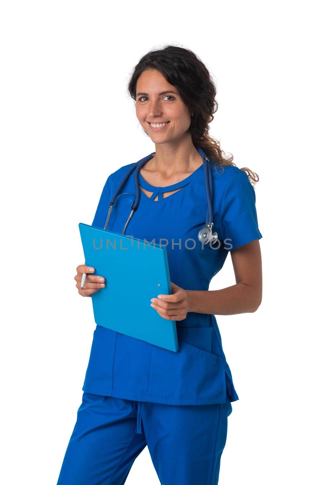 Nurse doctor woman smile with stethoscope hold clipboard, wear blue surgery medical suit. Isolated on white background