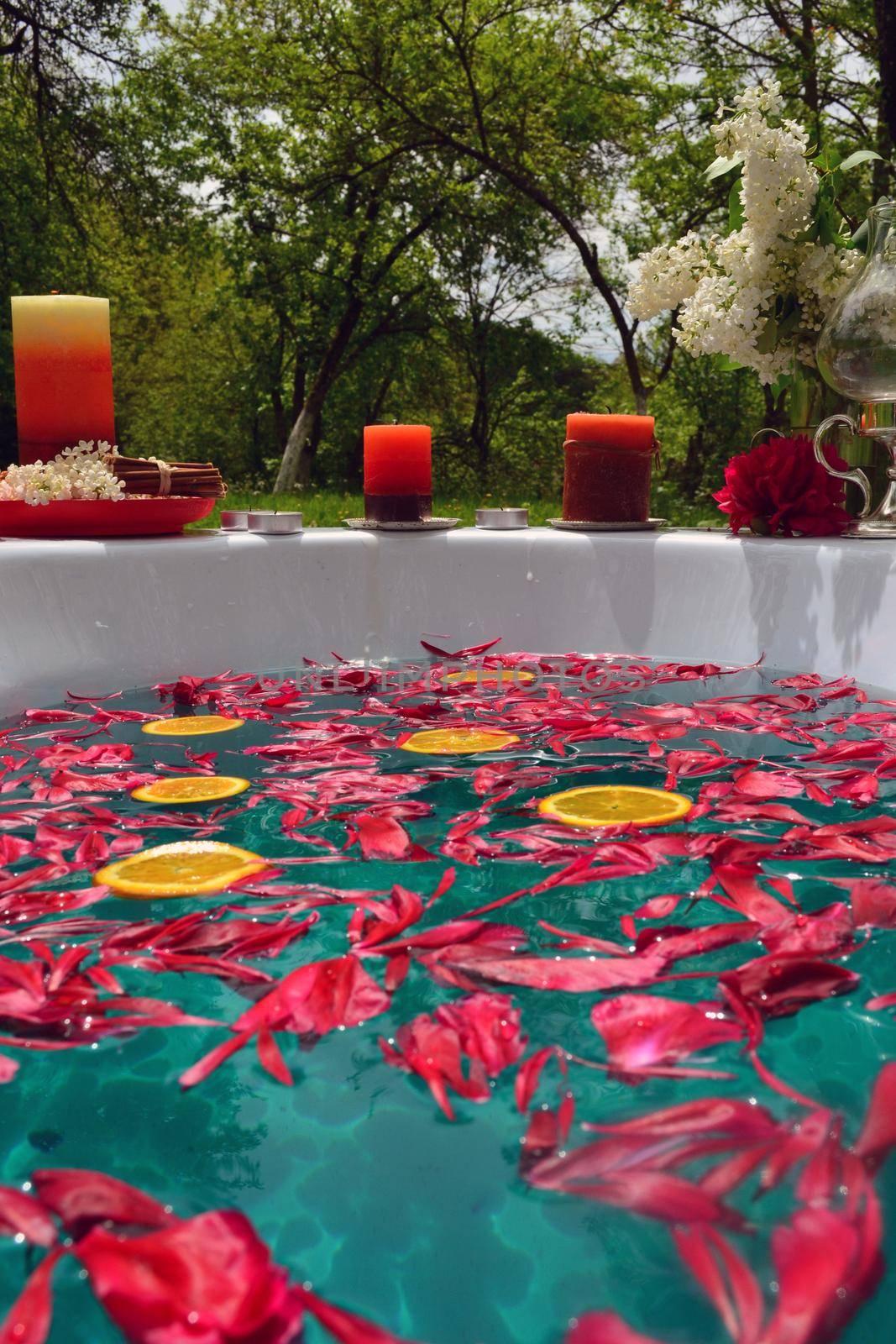 Abstract background with red peony flowers and orange slices in a bathtub outdoor
