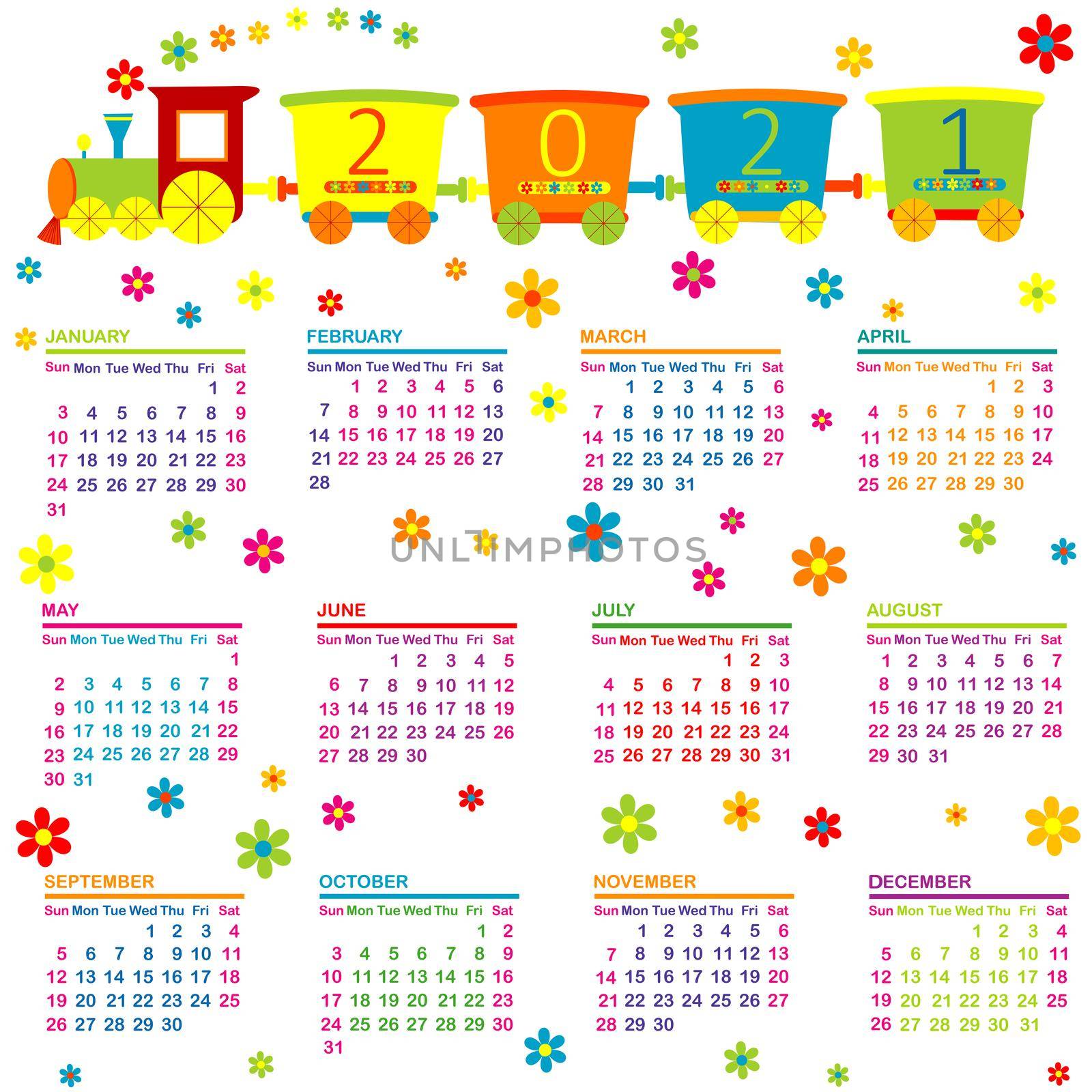 2021 Calendar with toy train and flowers for kids by hibrida13