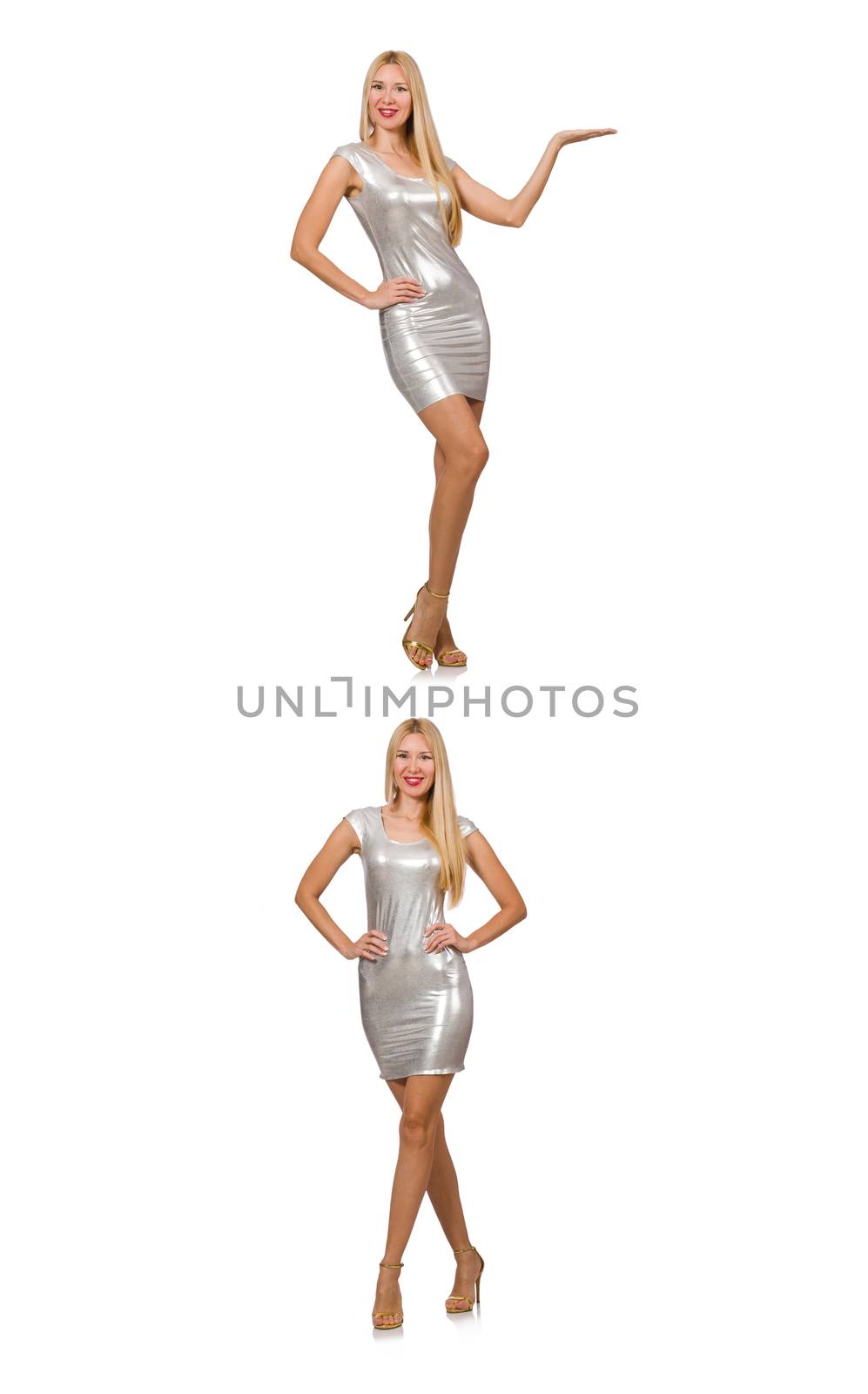 Young woman in silver dress isolated on white
