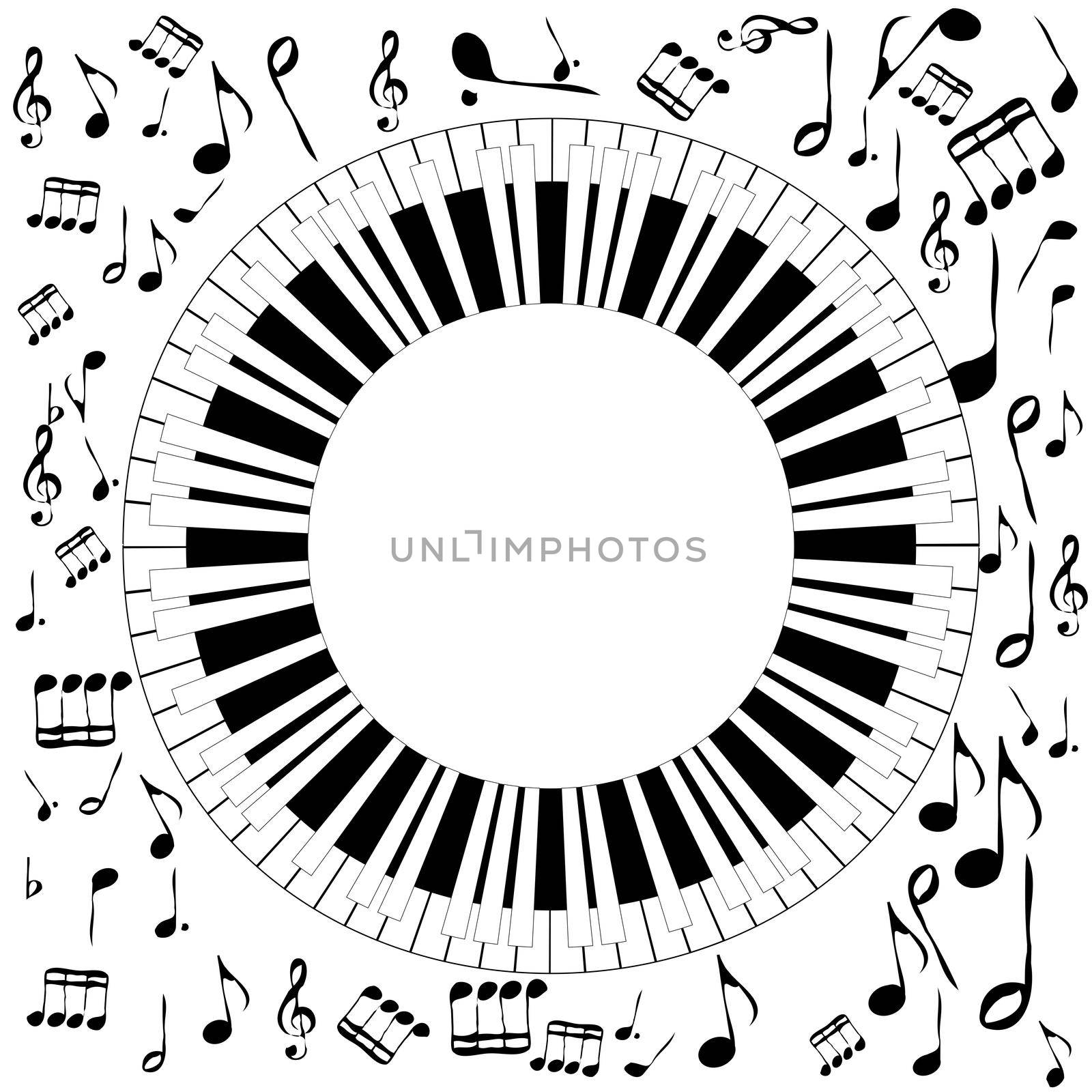 Black and white musical concept with round piano and musical notes and symbols