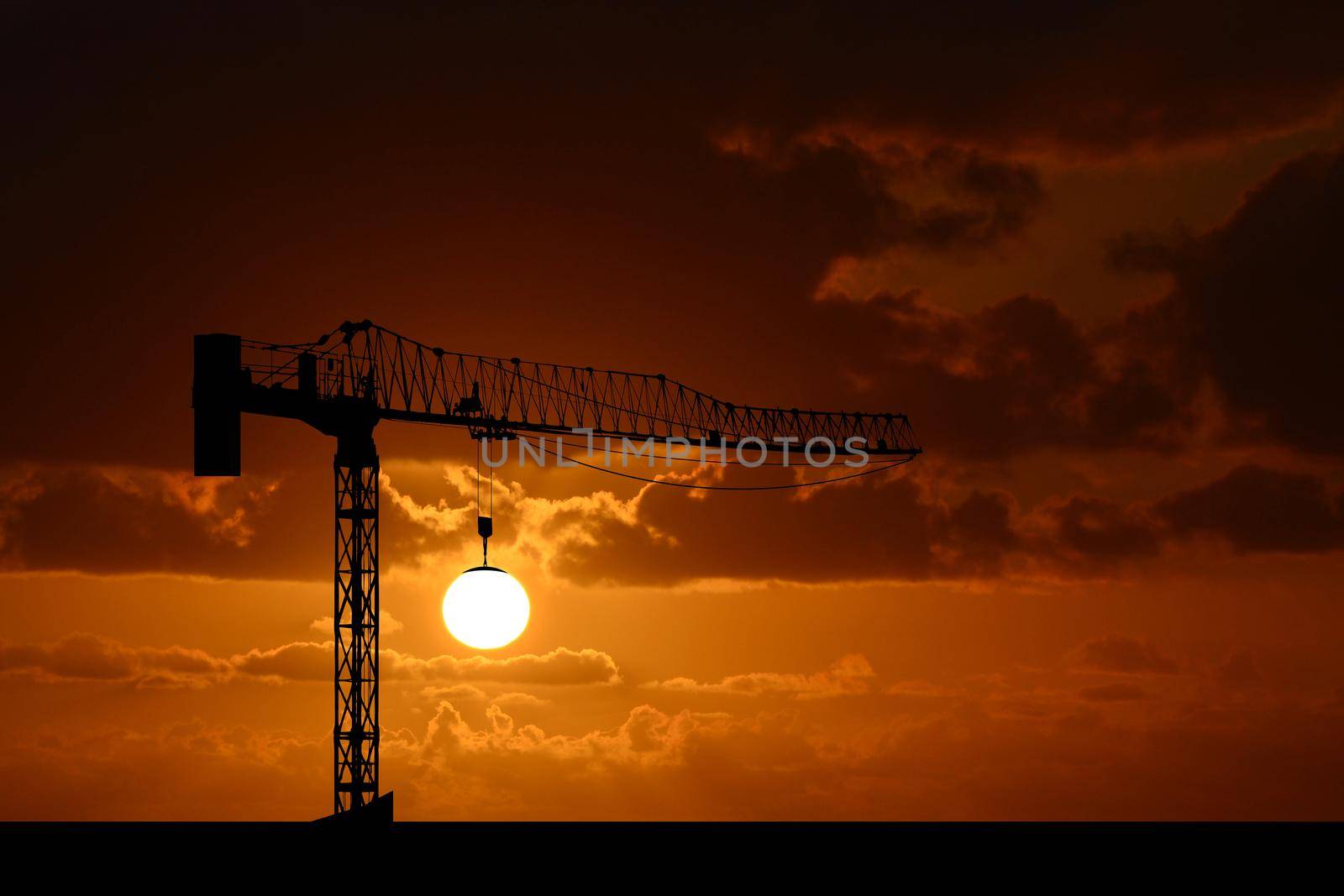 Hand drawn crane lifting the sun by hibrida13