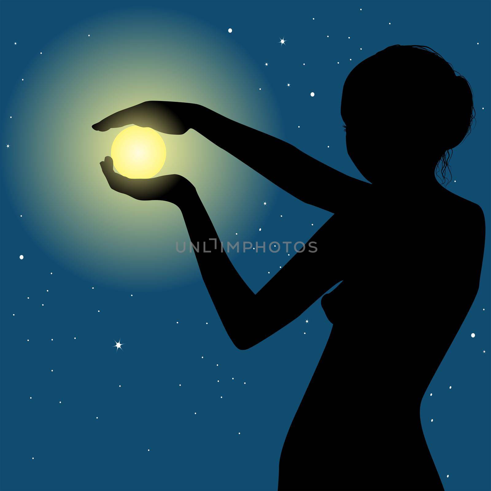 Silhouette of a beautiful woman holding the moon in her hands