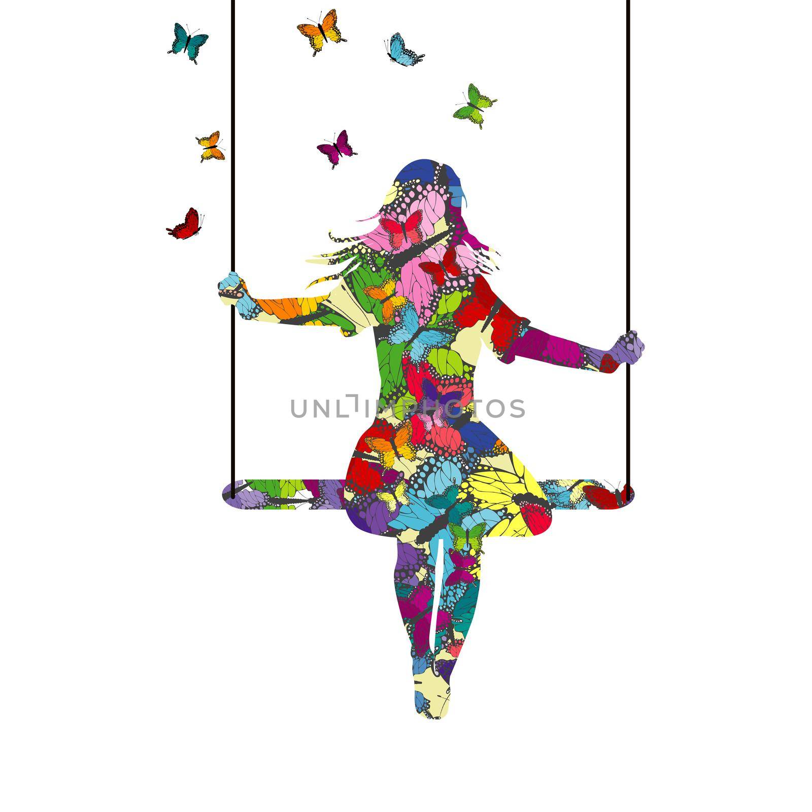 Abstract colorful young woman silhouette who is swinging and butterflies fly around her