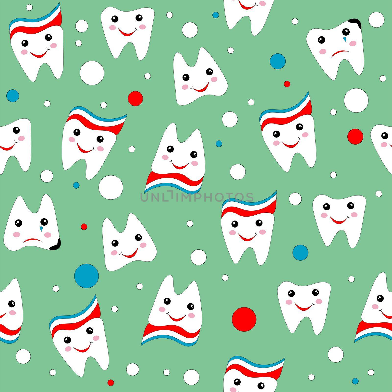 Cute smiling and upset cartoon teeth seamless pattern