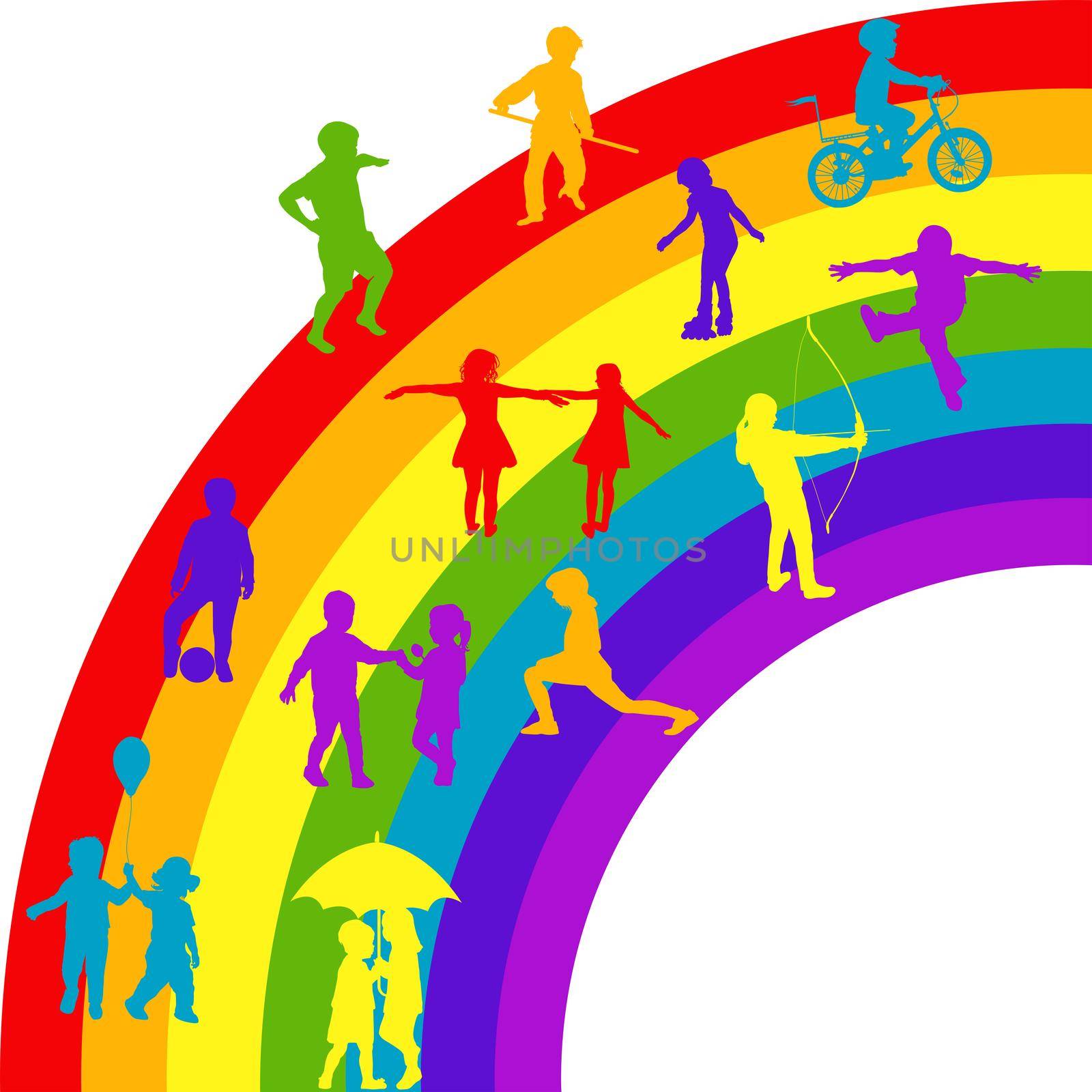 Silhouettes of happy kids playing on rainbow by hibrida13