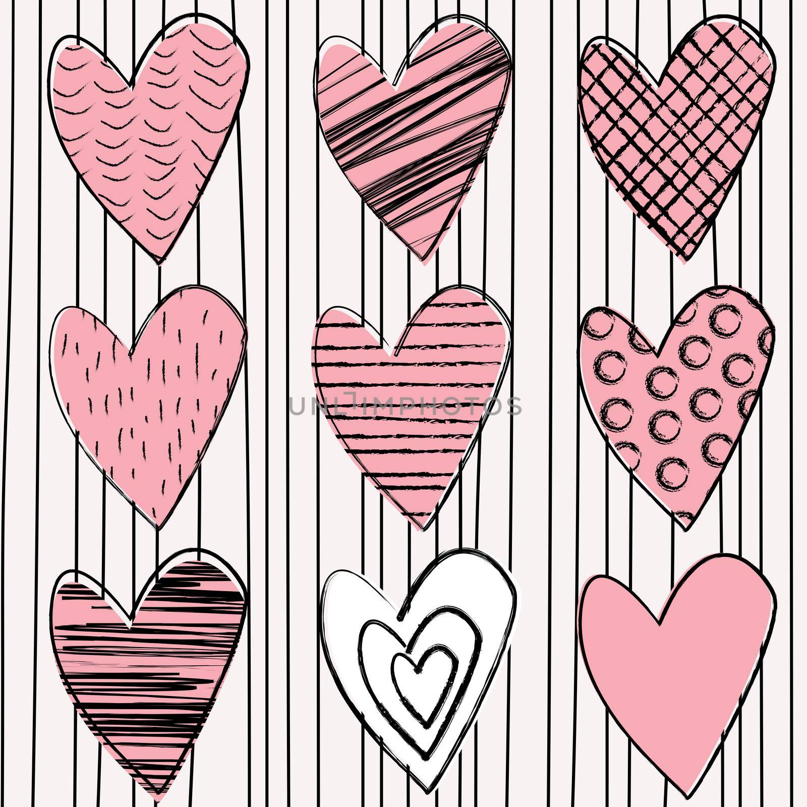 Set of doodle hearts on striped background by hibrida13