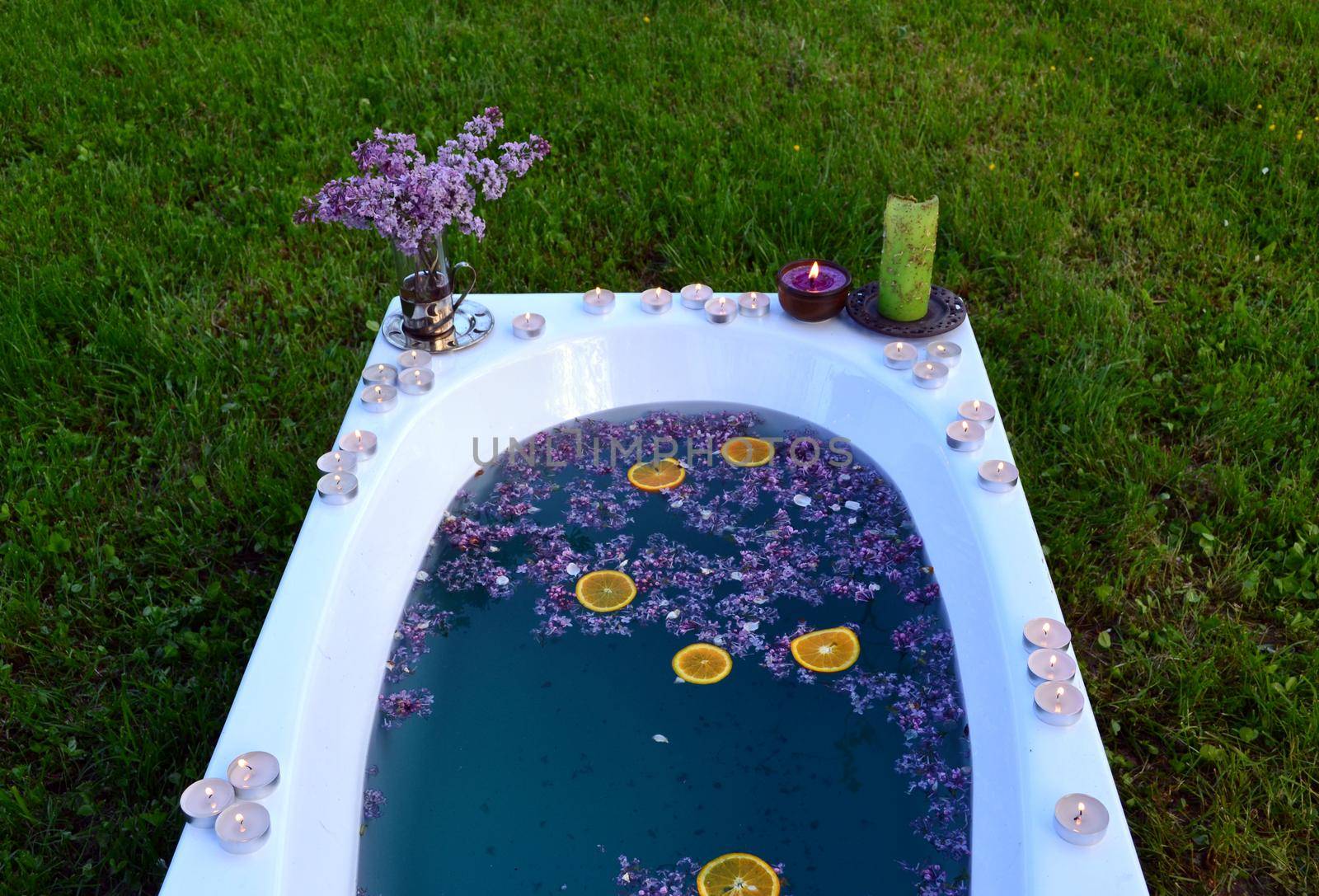 Top view of a bathtub with blue water and lilacs flowers on the grass by hibrida13