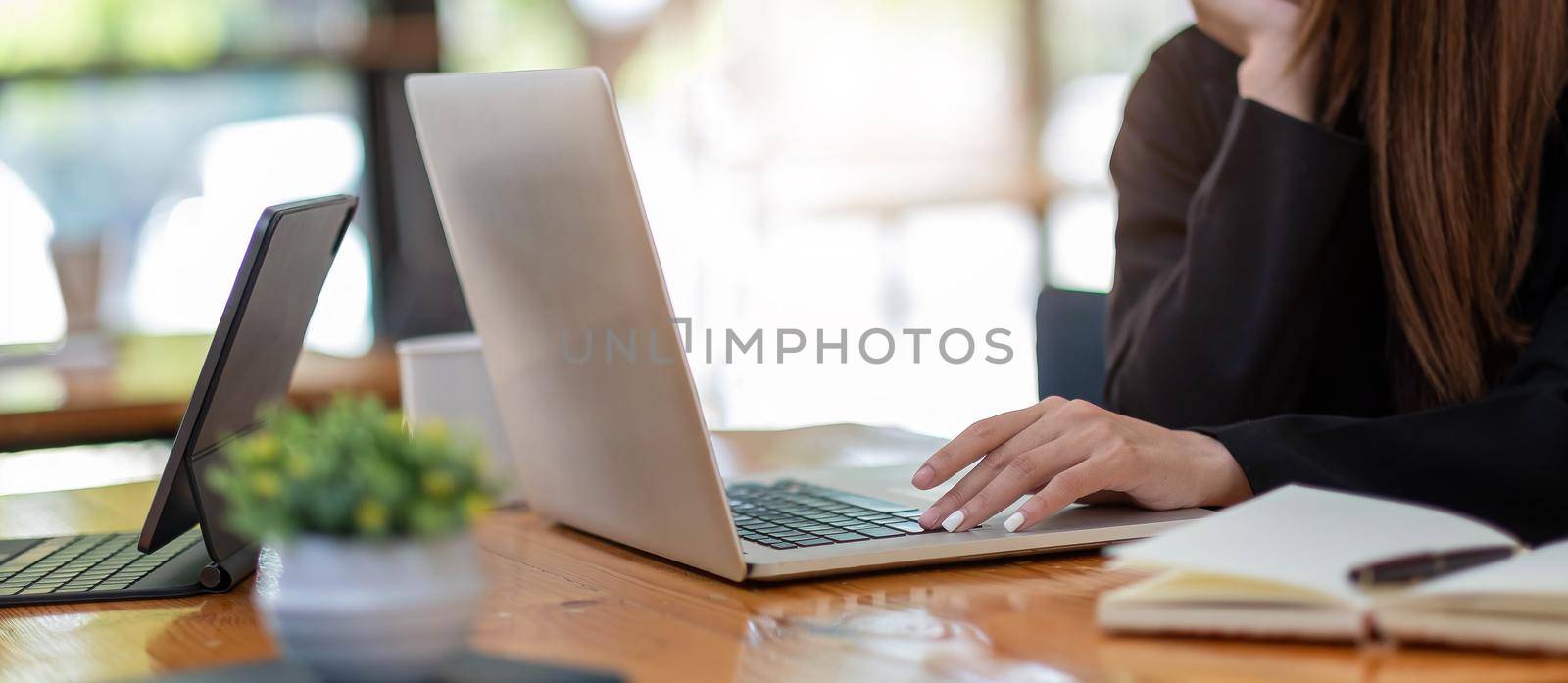 young businesswomen looking through online ideas with computer. Business adviser analyzing financial figures denoting the progress in the work of the company by wichayada