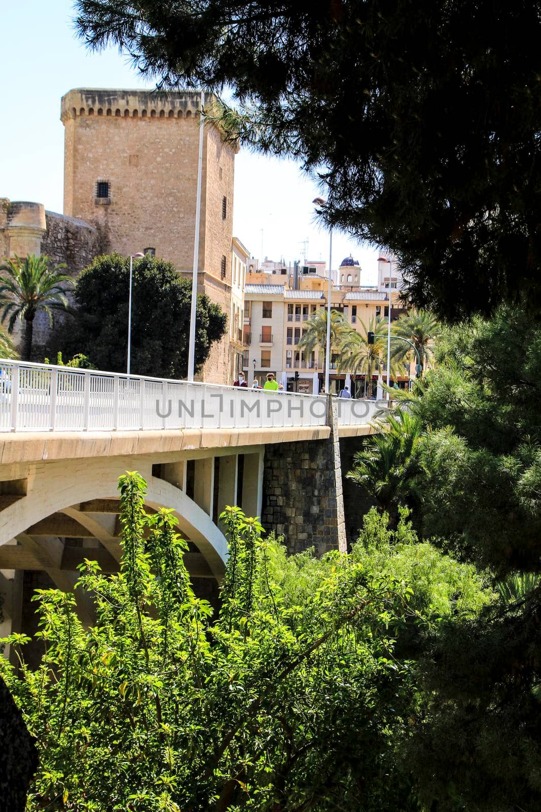 Elche, Alicante, Spain- July 2, 2021: Beautiful Altamira Palace and Altamira bridge next to Lush landscape of the Vinalopo riverbed in Elche, Alicante.