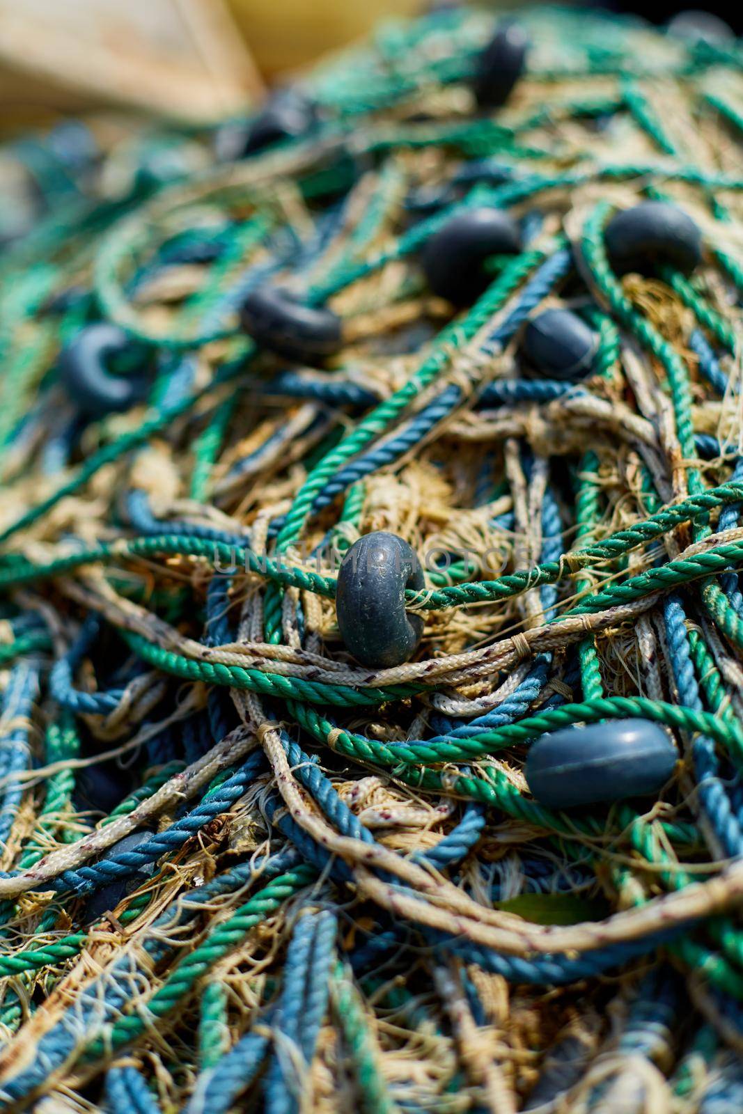 Close-up of fishing nets. Fishing profession. Industrial fishing.