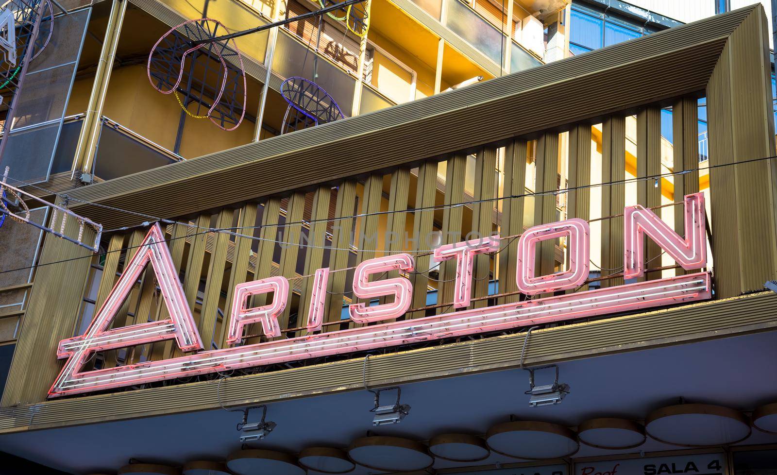 SANREMO, ITALY - CIRCA AUGUST 2020: view of the Sanremo Ariston theatre with detail of the name. This is the famous song festival location.