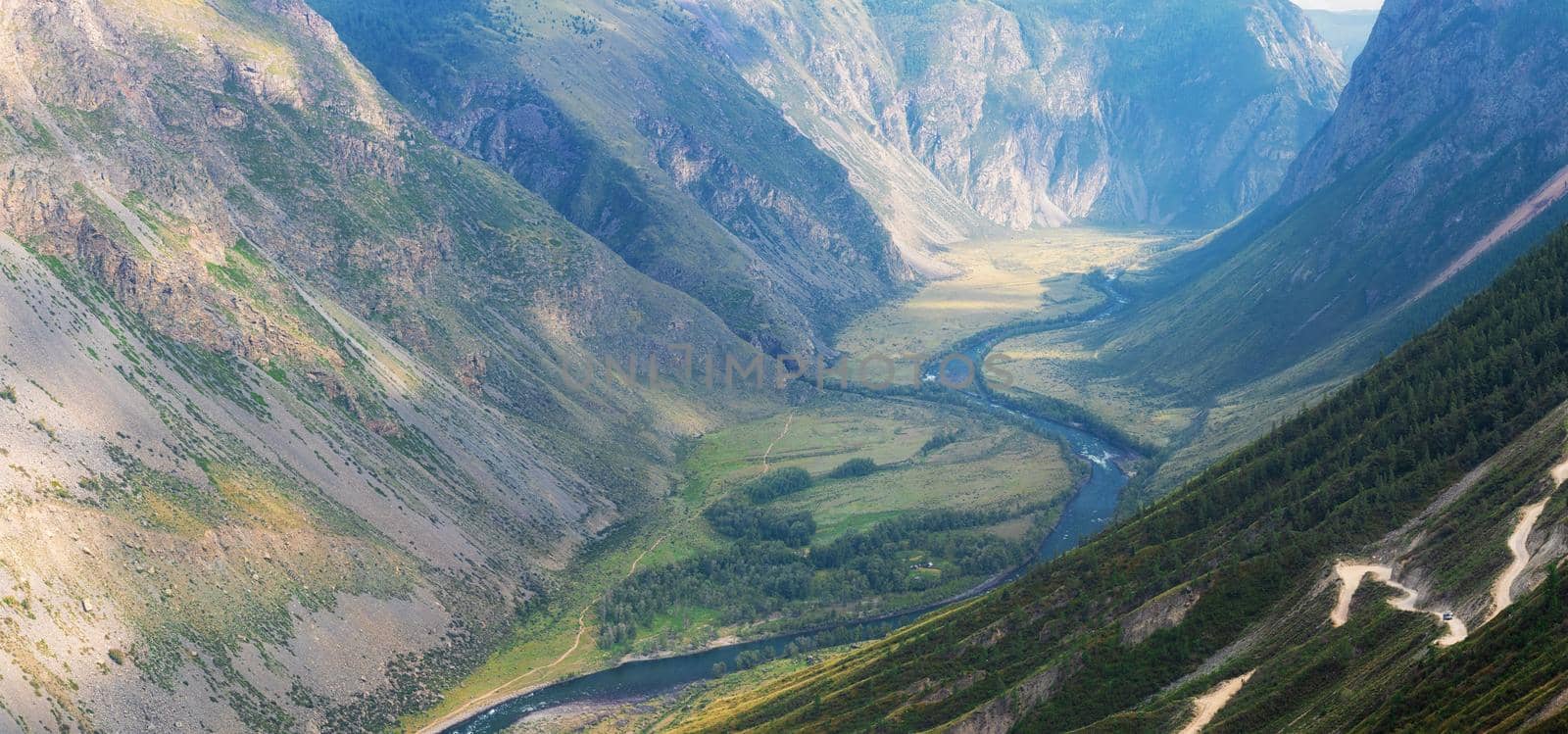 Panorama of the Katu Yaryk mountain pass and the valley of the river of Chulyshman. Altai Republic, Russia, beautiful summer day