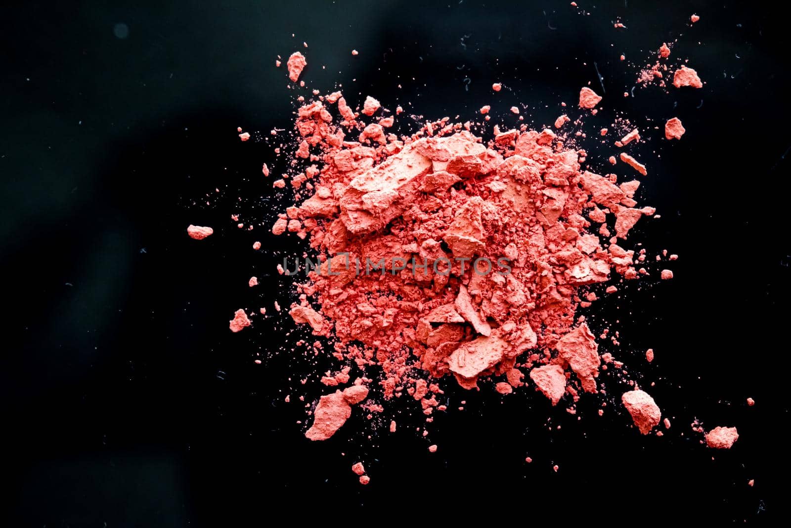 Crushed cosmetics, mineral organic eyeshadow, blush and cosmetic powder isolated on black background, makeup and beauty banner, flatlay design by Anneleven