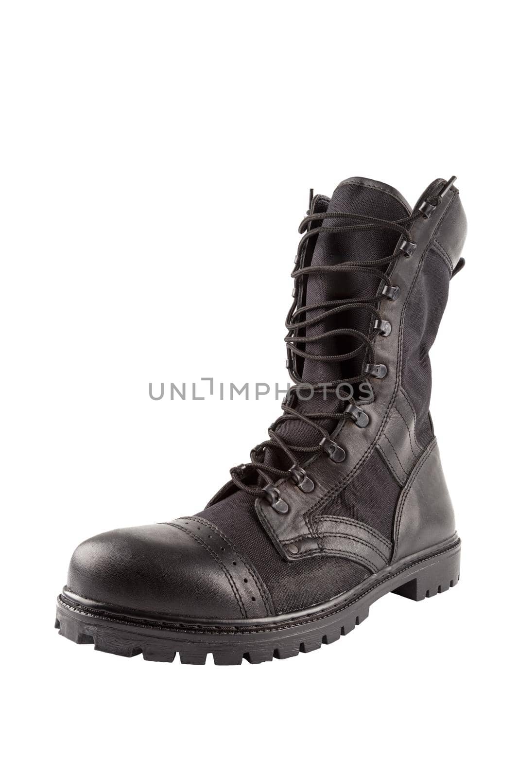 new black summertime lightweight military boot with nylon parts isolated on white background.