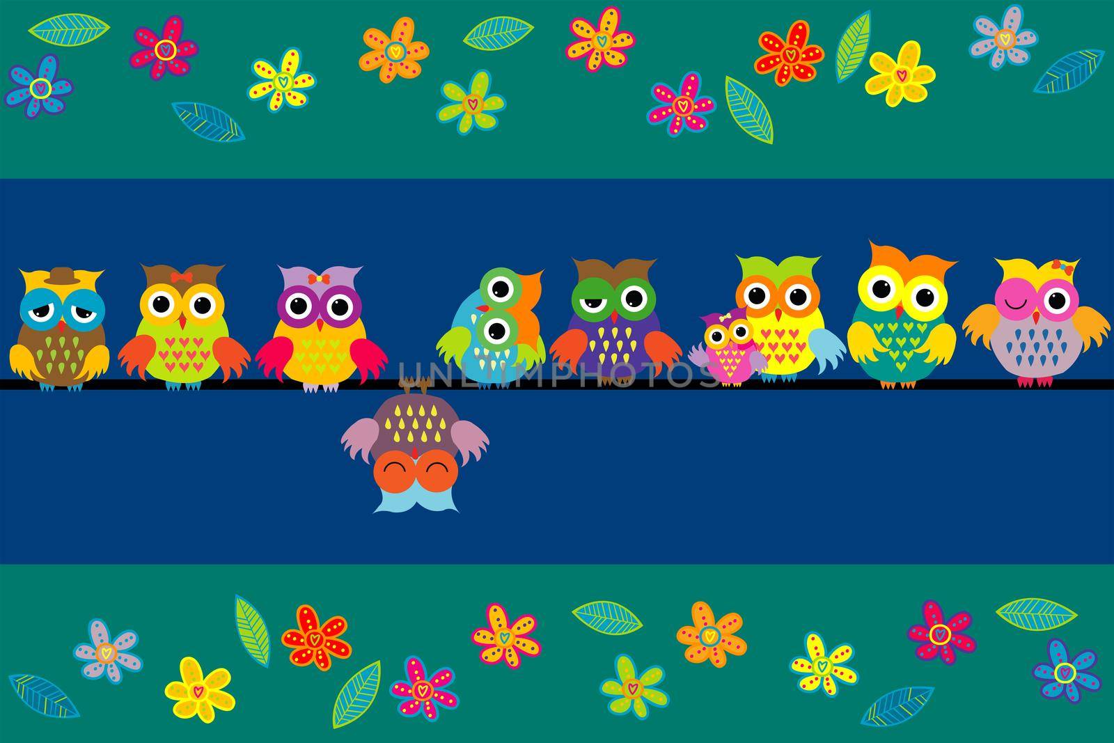 Border with cartoon cute owls