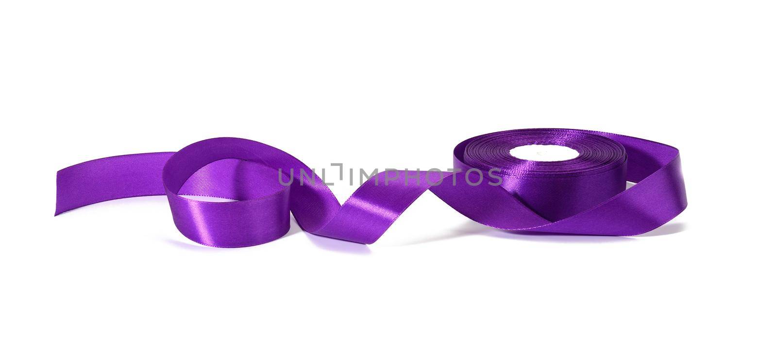 roll of silk  purple ribbon, wrapping decor, white isolated background