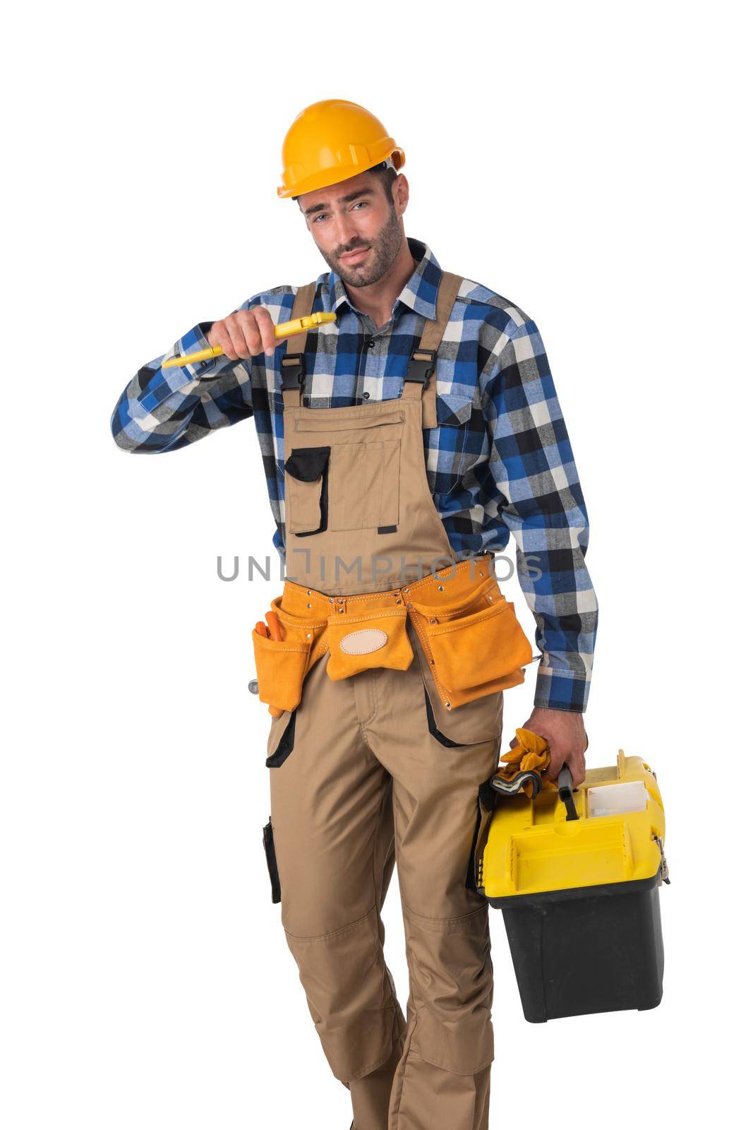 Portrait of construction worker with toolbox and wrench isolated on white background