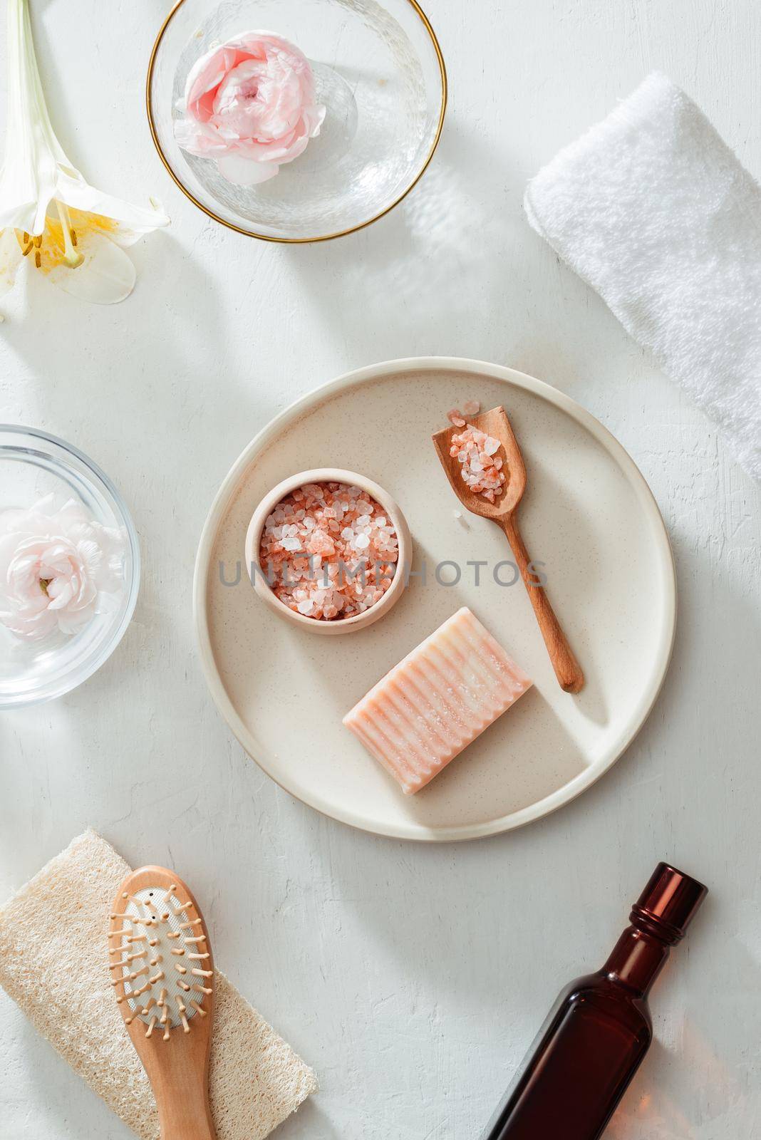 Beauty and fashion concept with spa set on white background