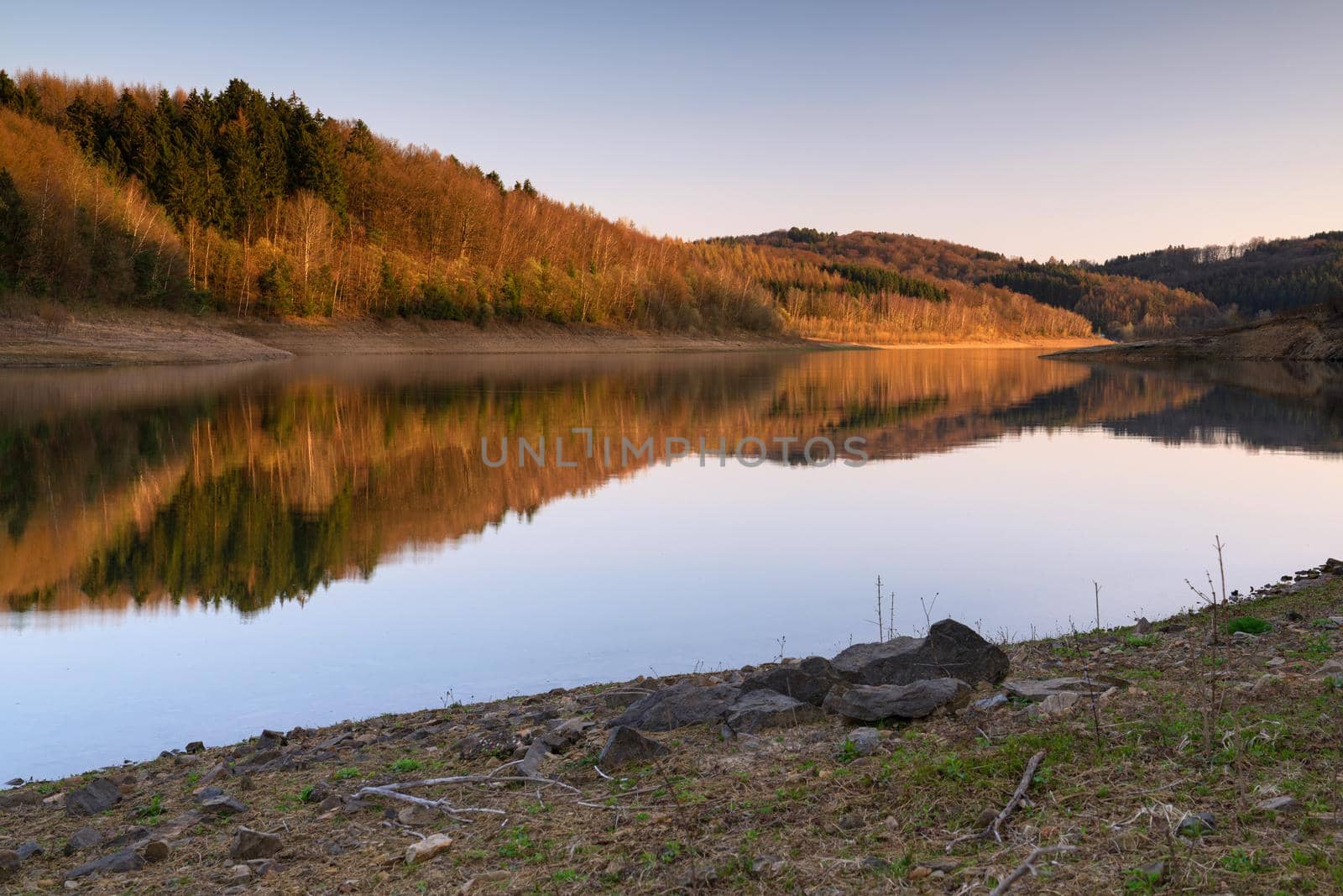 Panoramic image of Dhunn water reservoir, Bergisches Land, Germany