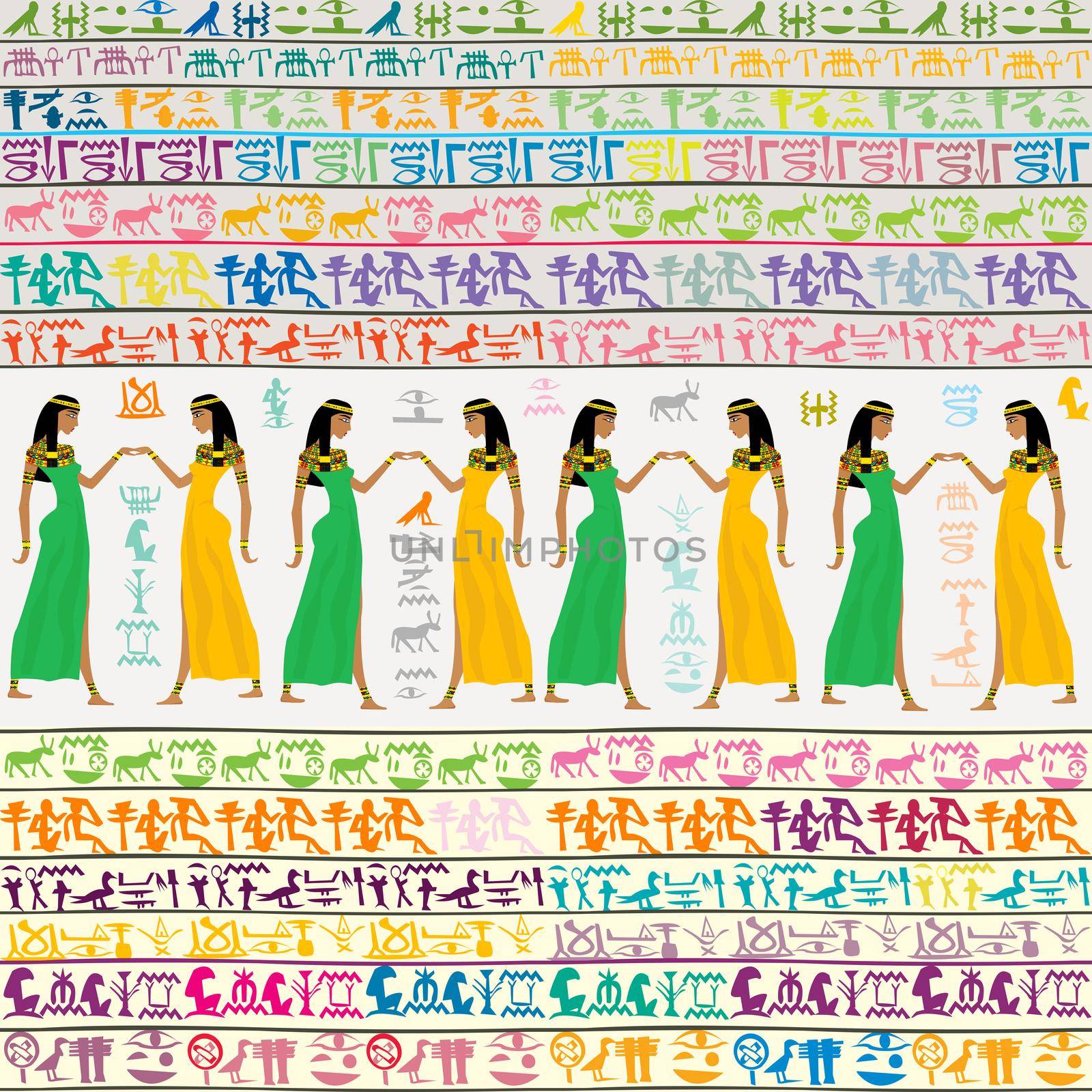 Colorful Egyptian pattern with egyptian women and hieroglyphs