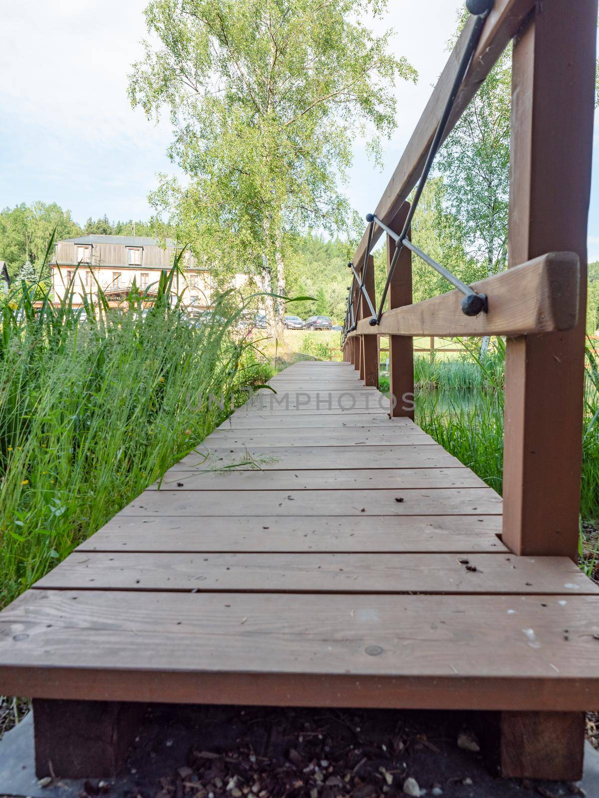 Romantic garden with wooden footbridge. Morning walk by rdonar2