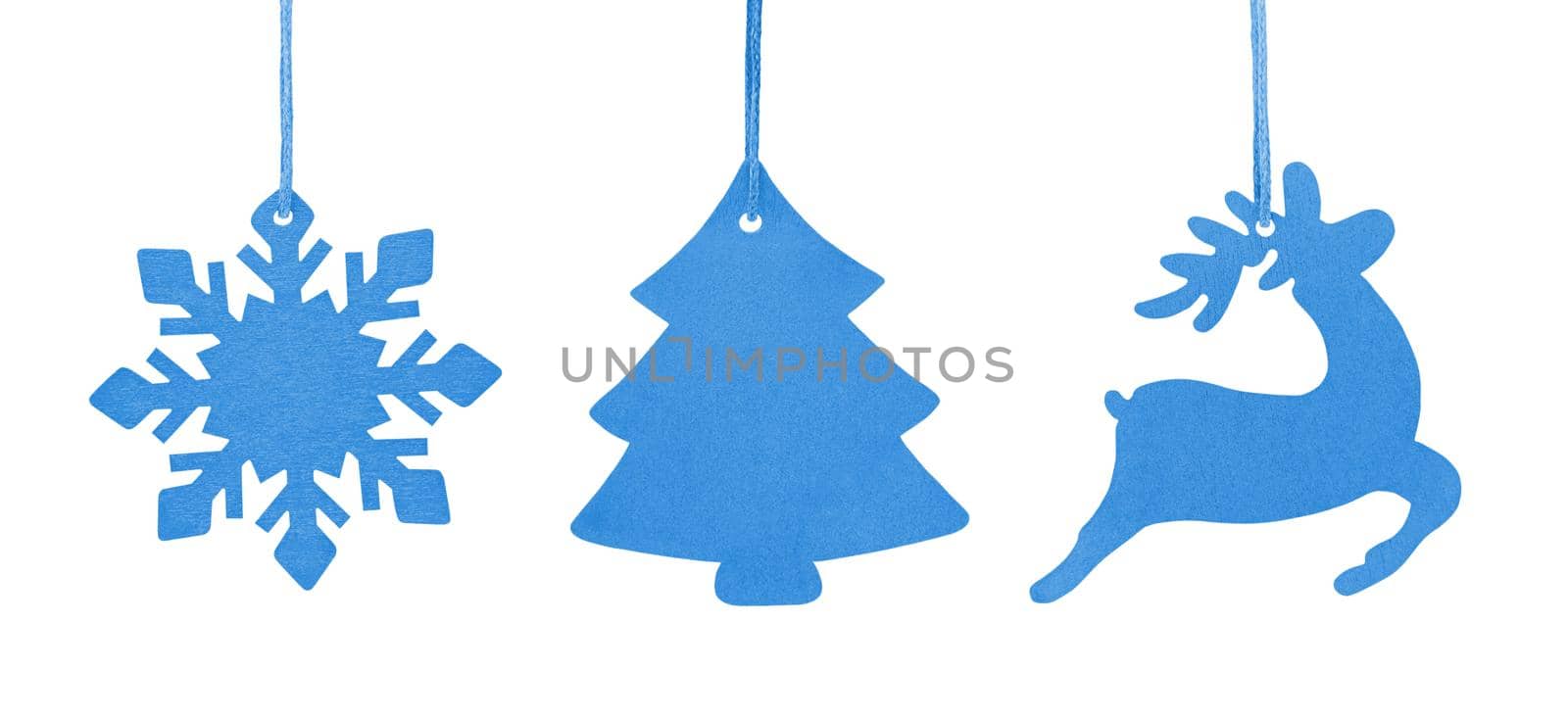 Set of blue hanging wooden ornament Christmas tree, snowflake and deer isolated on a white background.