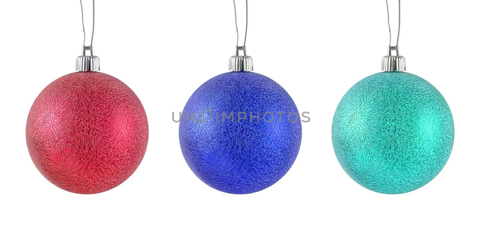Hanging red, blue, turquoise metallic shiny Christmas baubles set isolated on white background.