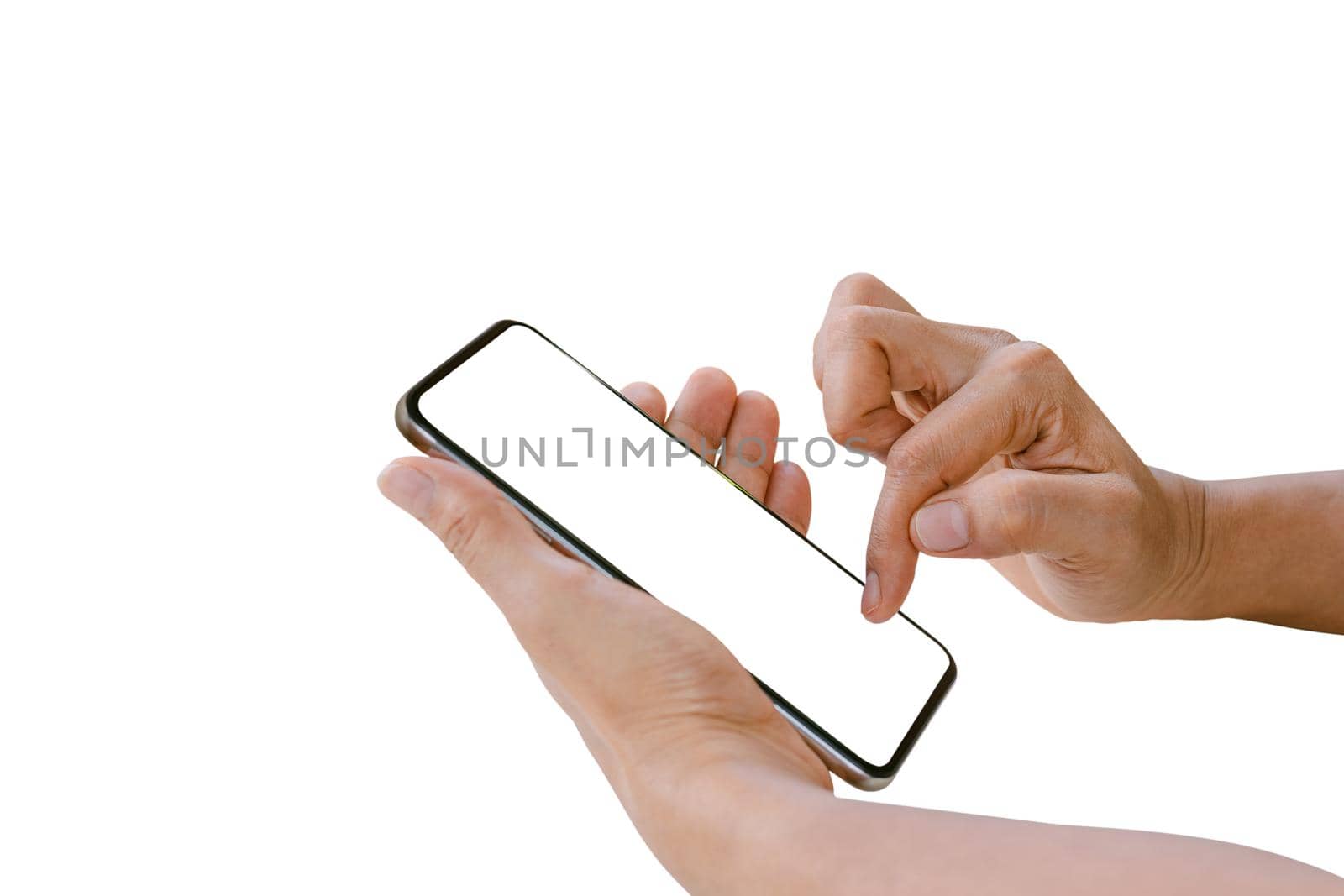 Closeup a woman's hand is using a smart phone to search for information online isolated on white background.