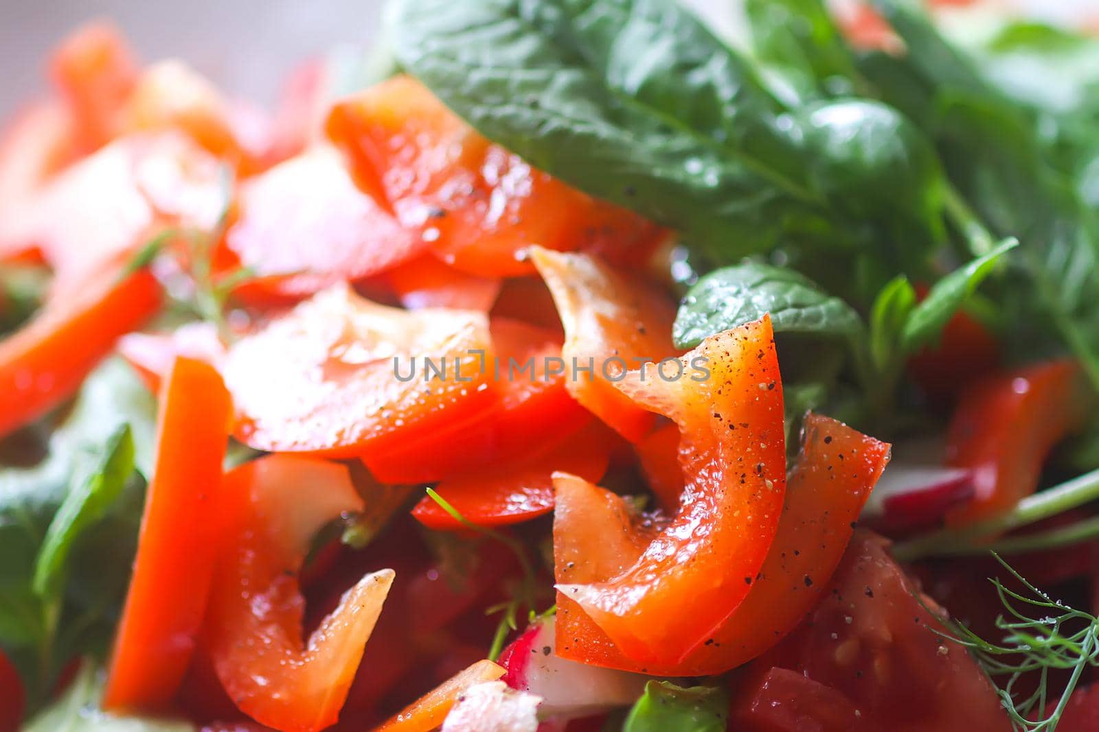 Fresh salad of the red tomatoes and spinach with olive oil, salt and pepper