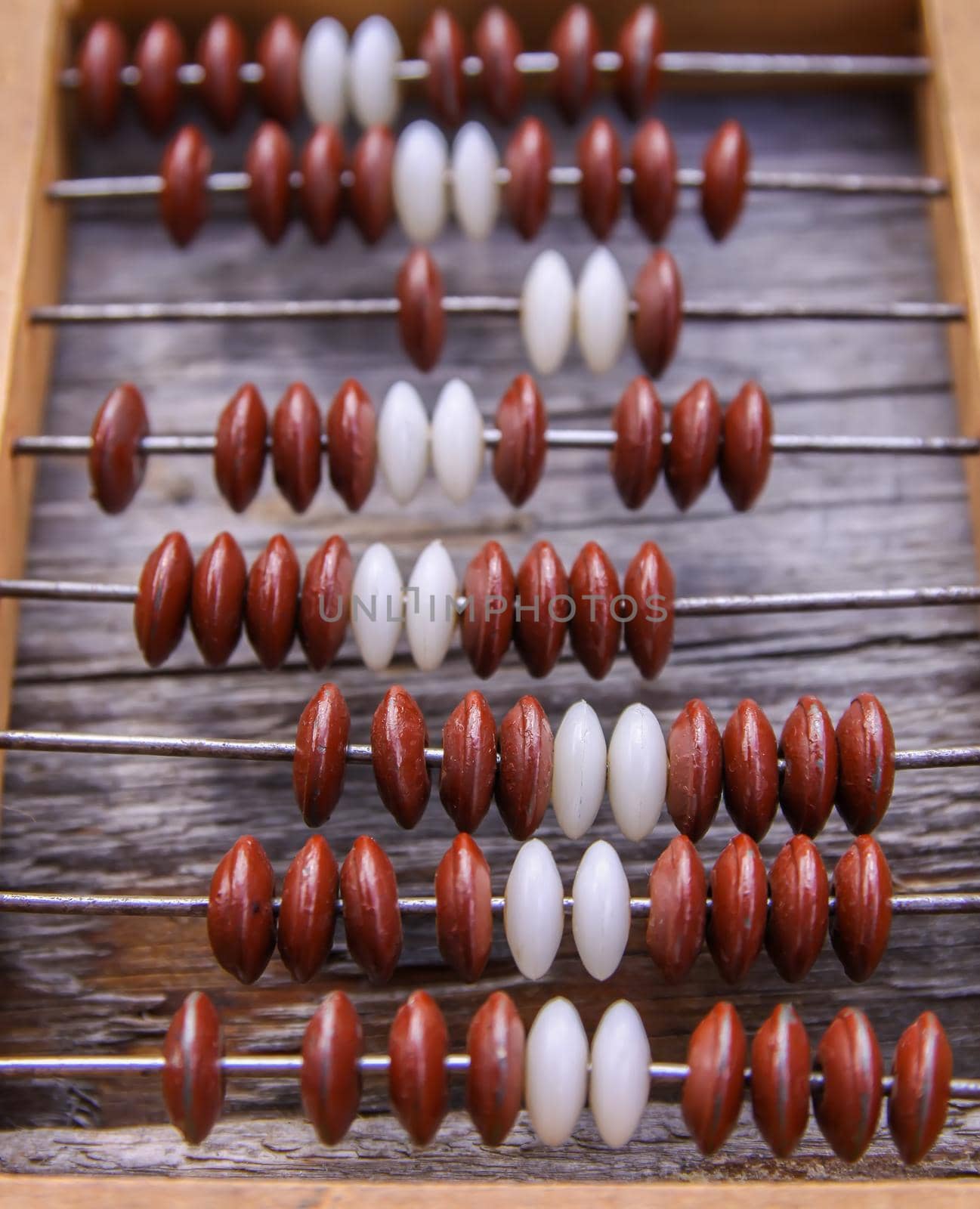 Vintage wooden abacus on old board surface.