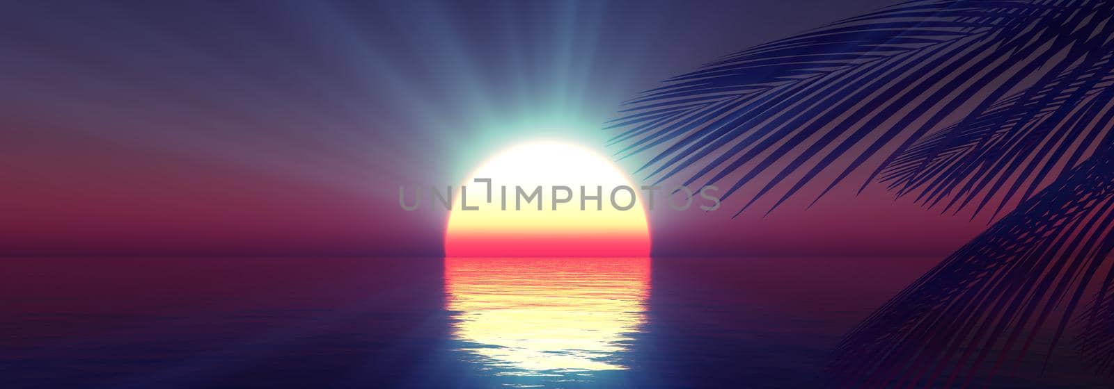 sunset sea palm landscape illustration, 3d render