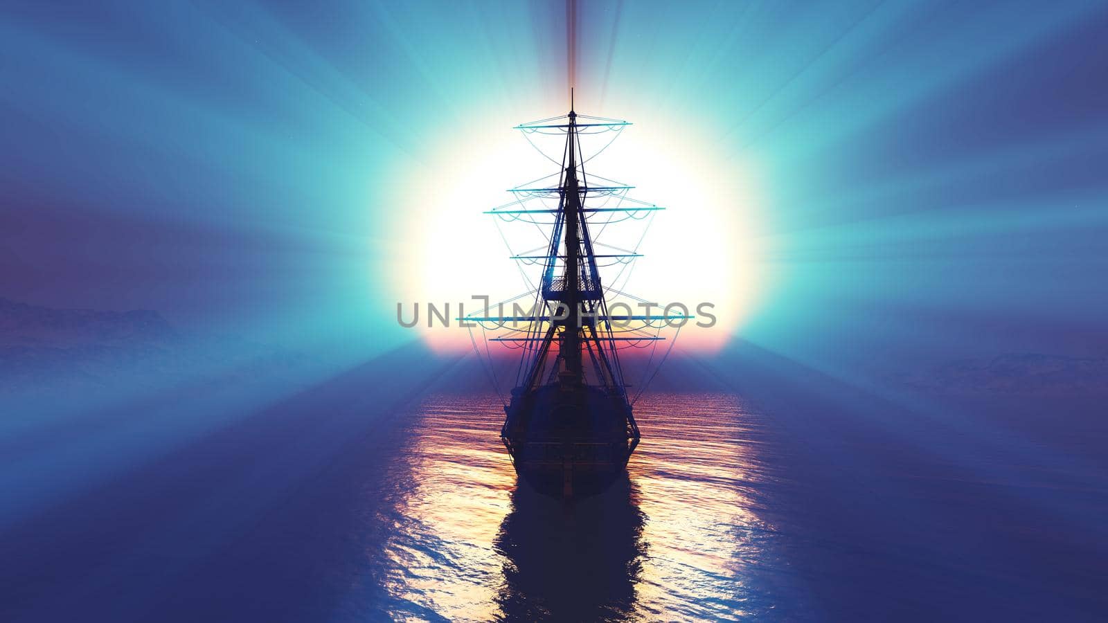 old ship sunset at sea 3d rendering by alex_nako