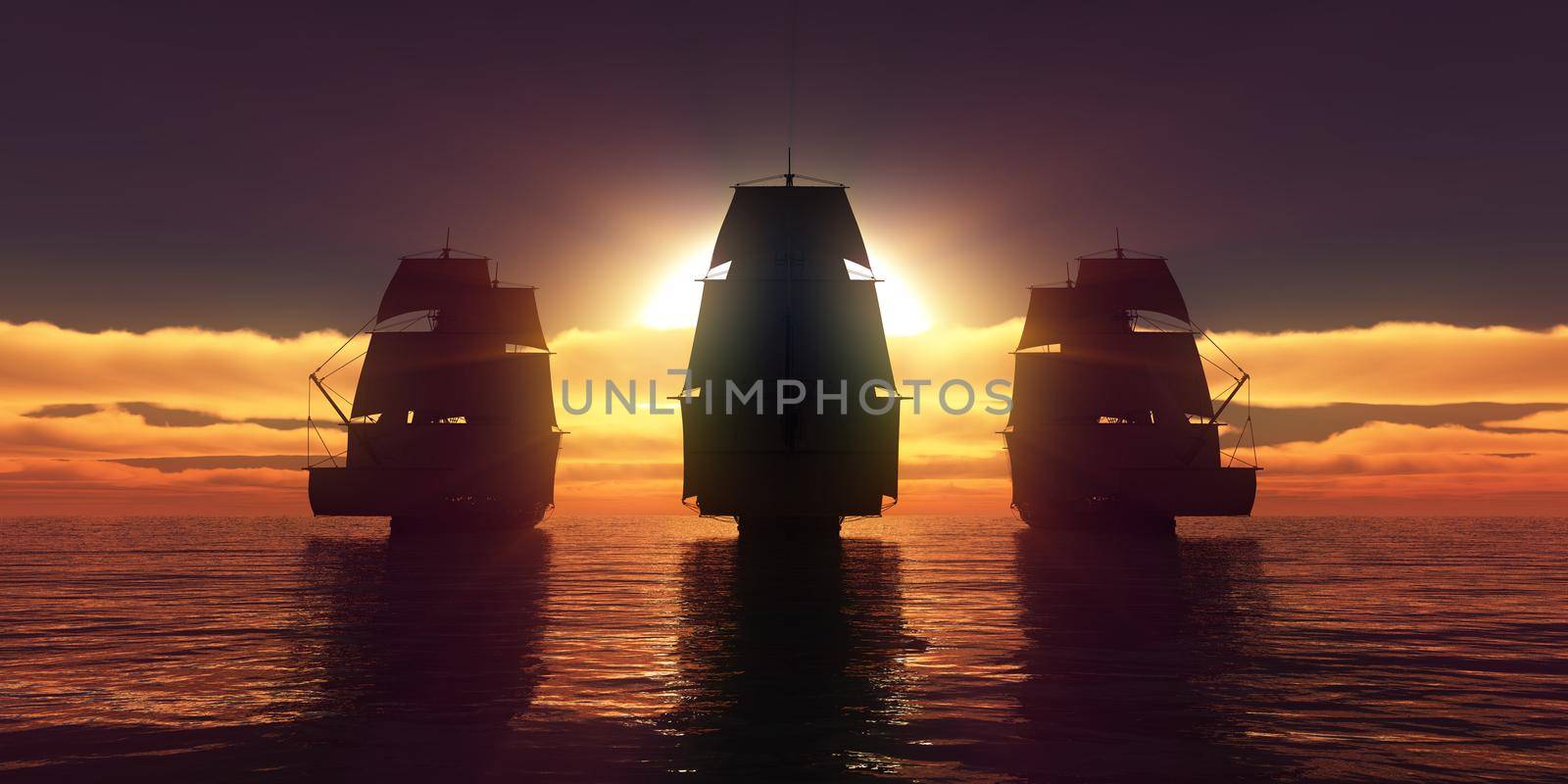 old three ships sunset at sea, 3d rendering by alex_nako