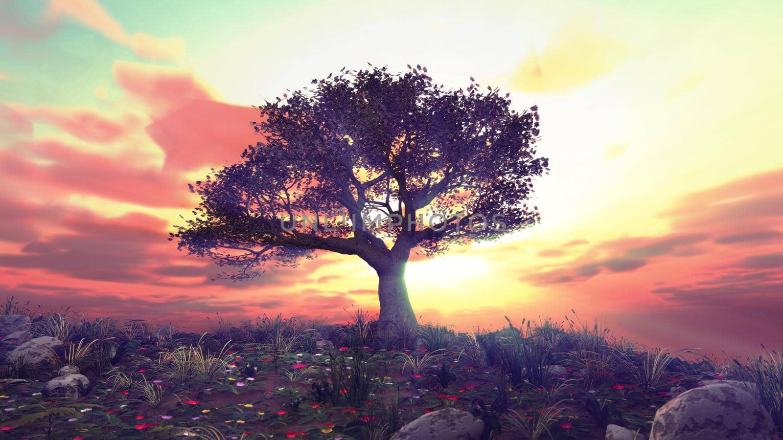 tree spring in meadow sunset illustration, 3d rendering