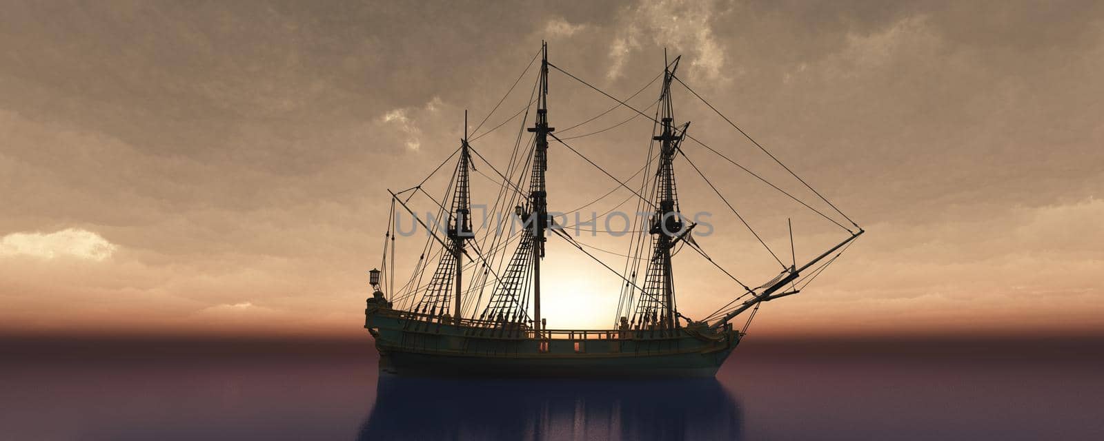 old ship sunset at sea 3d rendering illustration