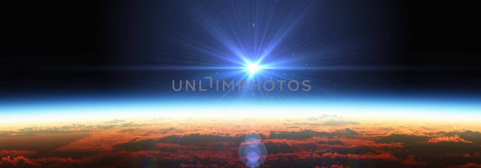 Earth sunrise from space over cloudy ocean. 3d rendering illustration