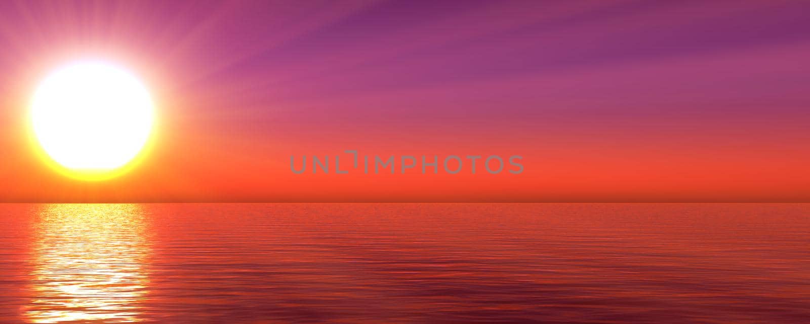 sunset sea sun ray clear sky, 3d rendering illustration