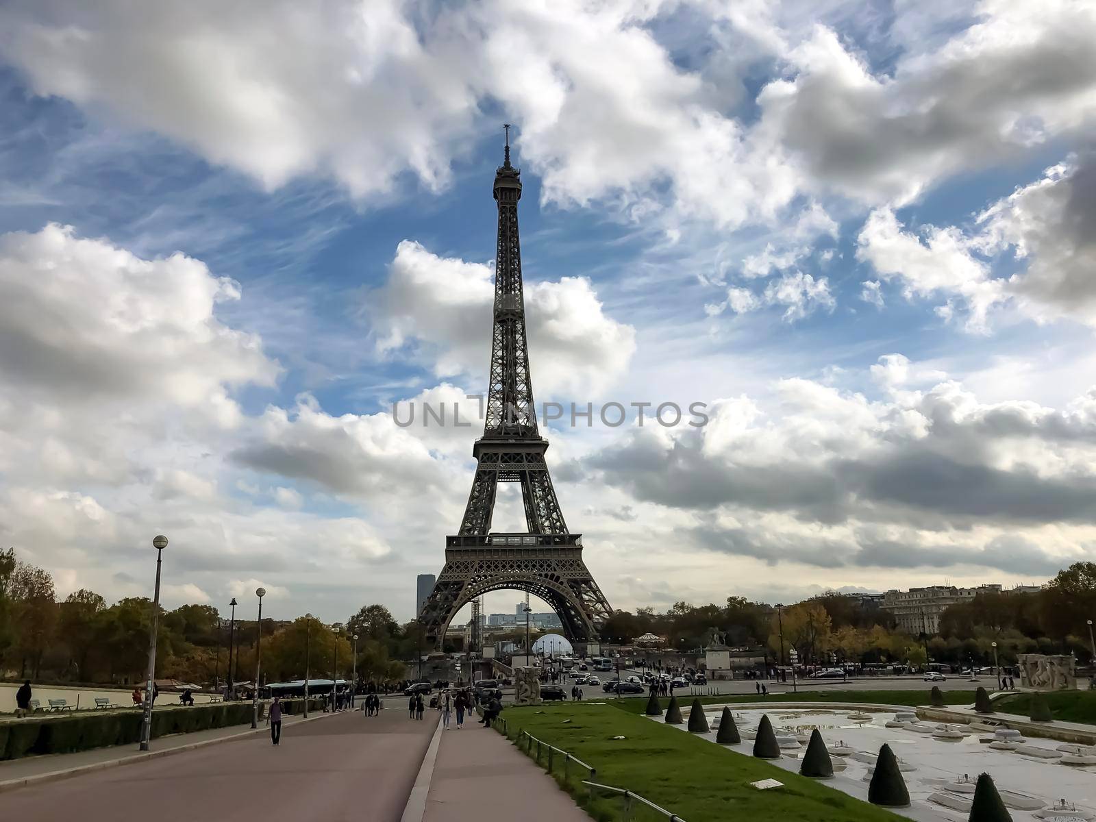 Eiffel Tower at blue cloudy sky, Paris, France. High quality photo