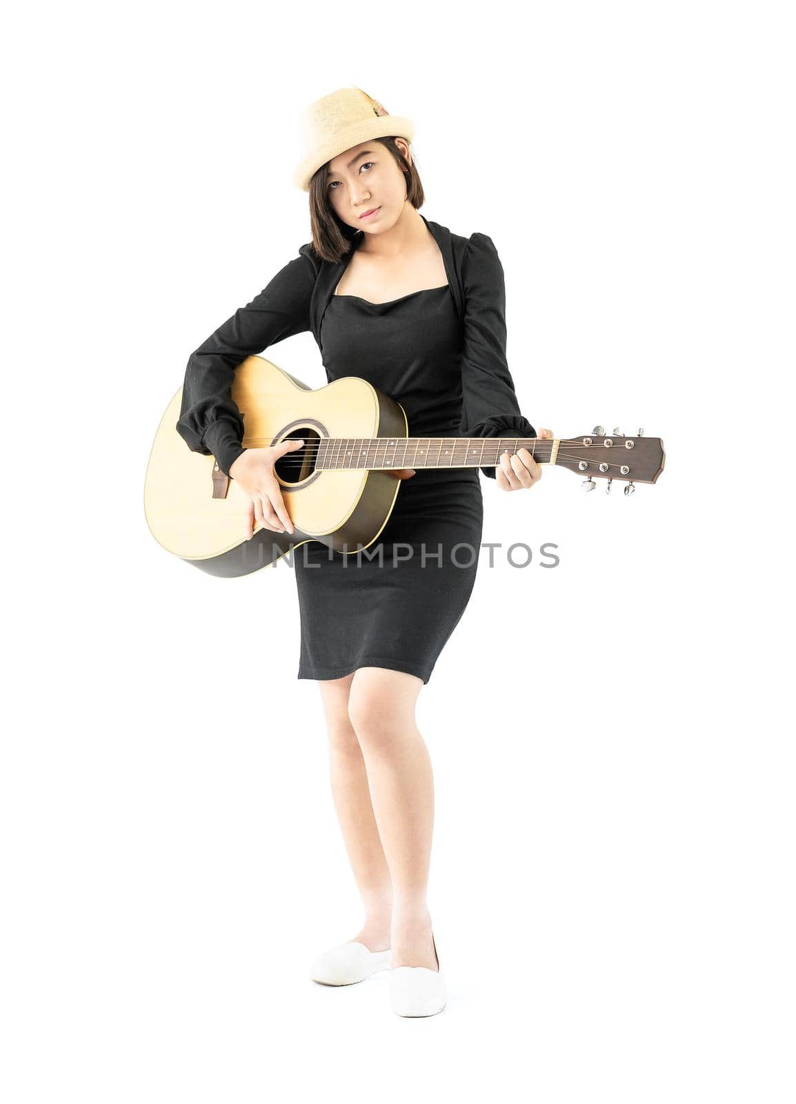 Woman hold guitar guitar folk song in her hand by stoonn