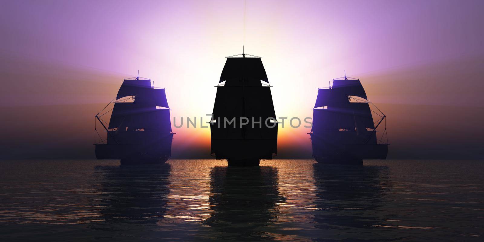 old three ships sunset at sea, 3d rendering illustration