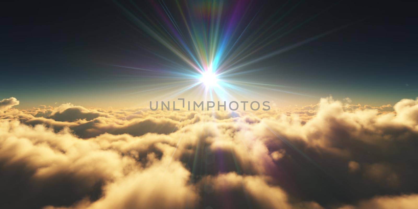 above clouds sunrise sun ray illustration, 3d rendering