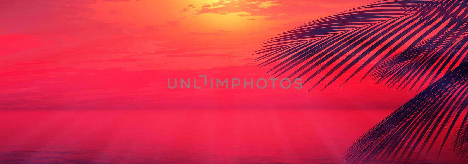 sunset sea palm landscape illustration, 3d render