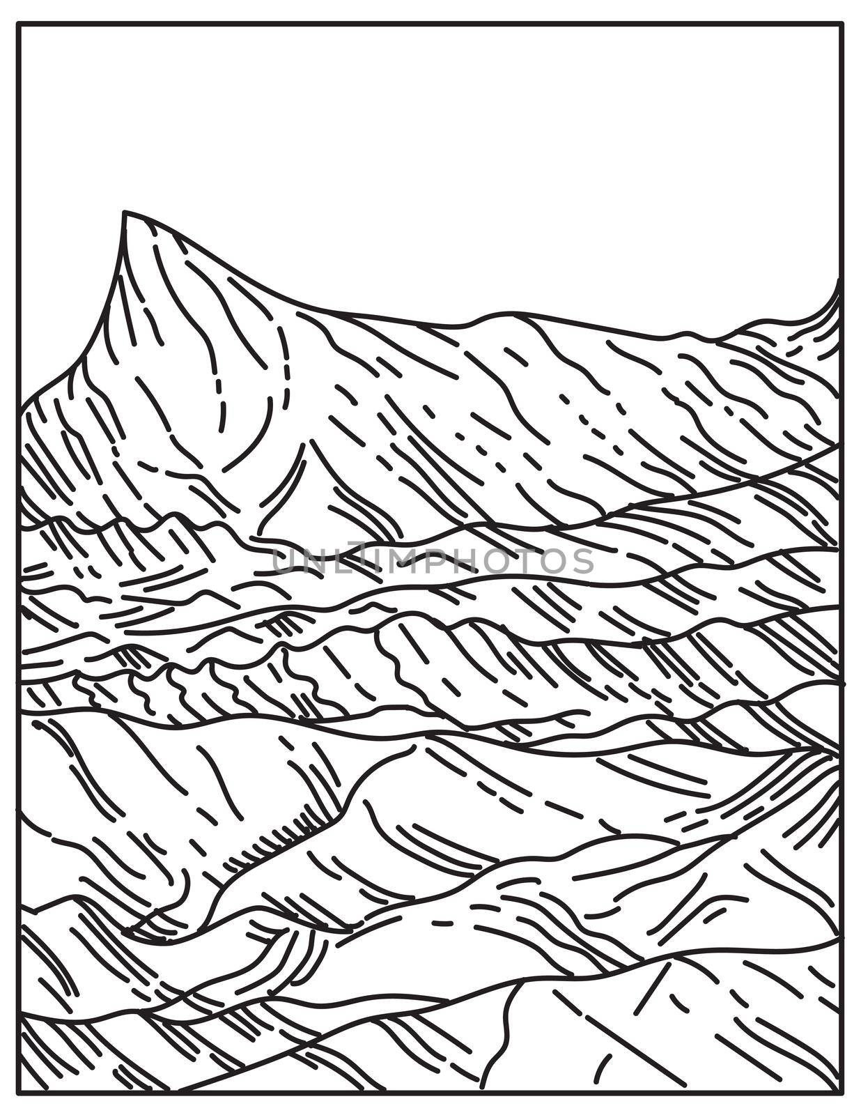 Mono line illustration of Death Valley National Park that straddles the California Nevada border, east of the Sierra Nevada, United States done in retro black and white monoline line art style.